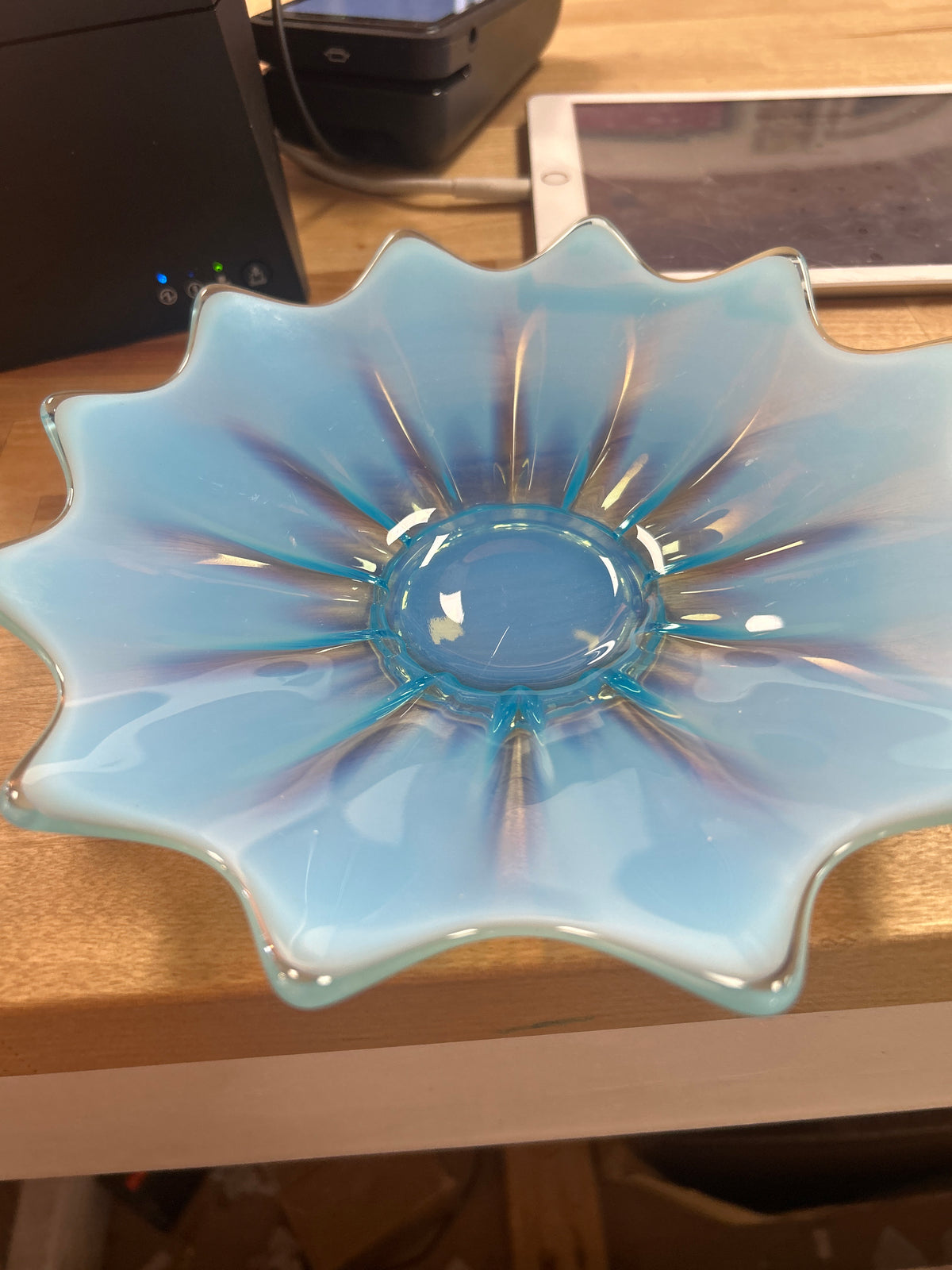 VTG Fostoria Heirloom Blue Opalescent Fluted Art Glass 9.5”Bowl Dish 12 Points