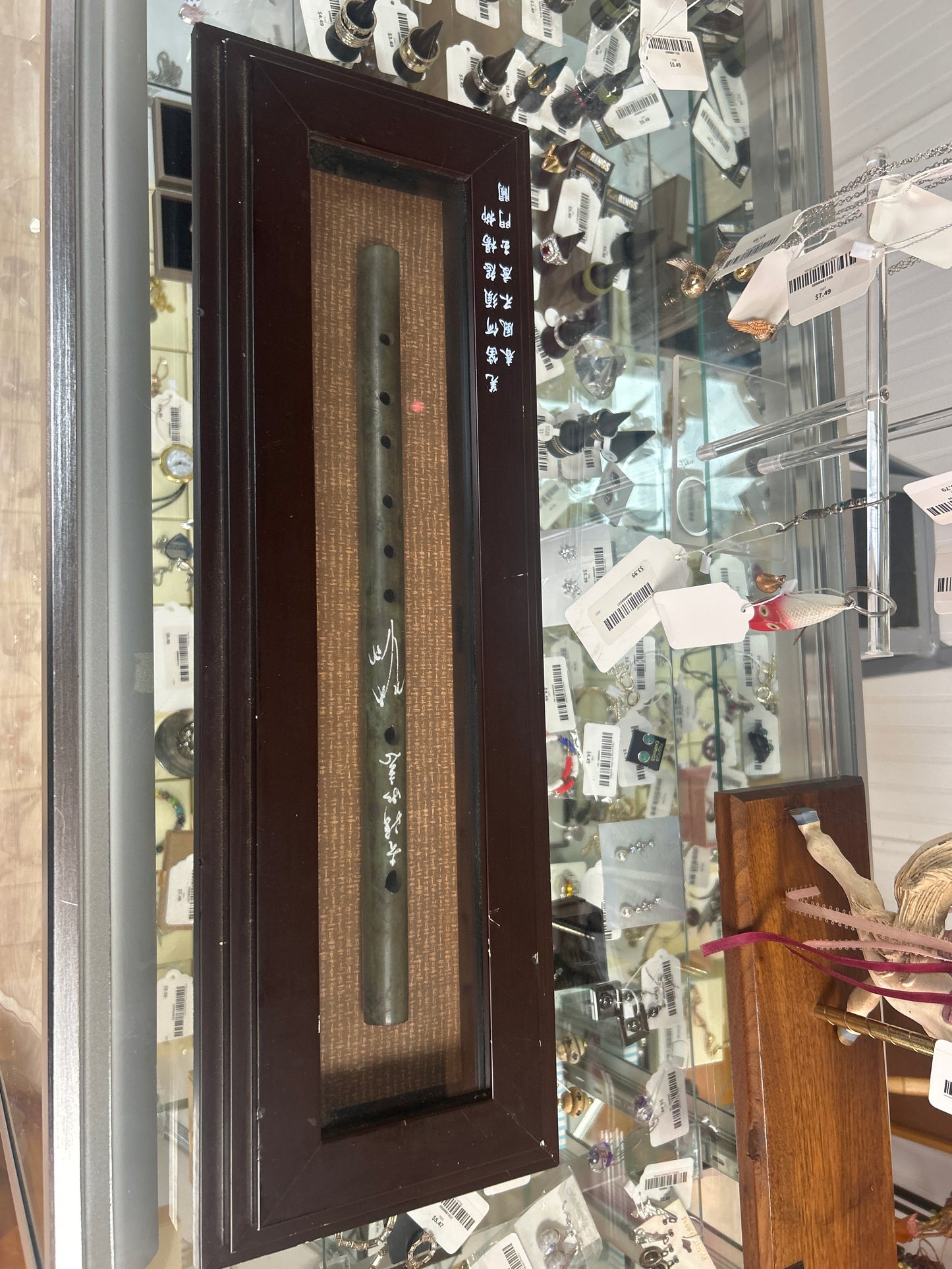 Chinese jade flute in display (nicks in case) (pre owned)