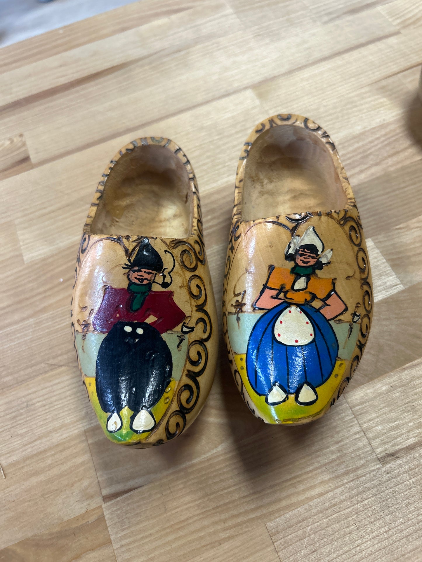 Vintage Dutch Wooden Shoe Set Hand Painted Holland Hand Carved Clogs