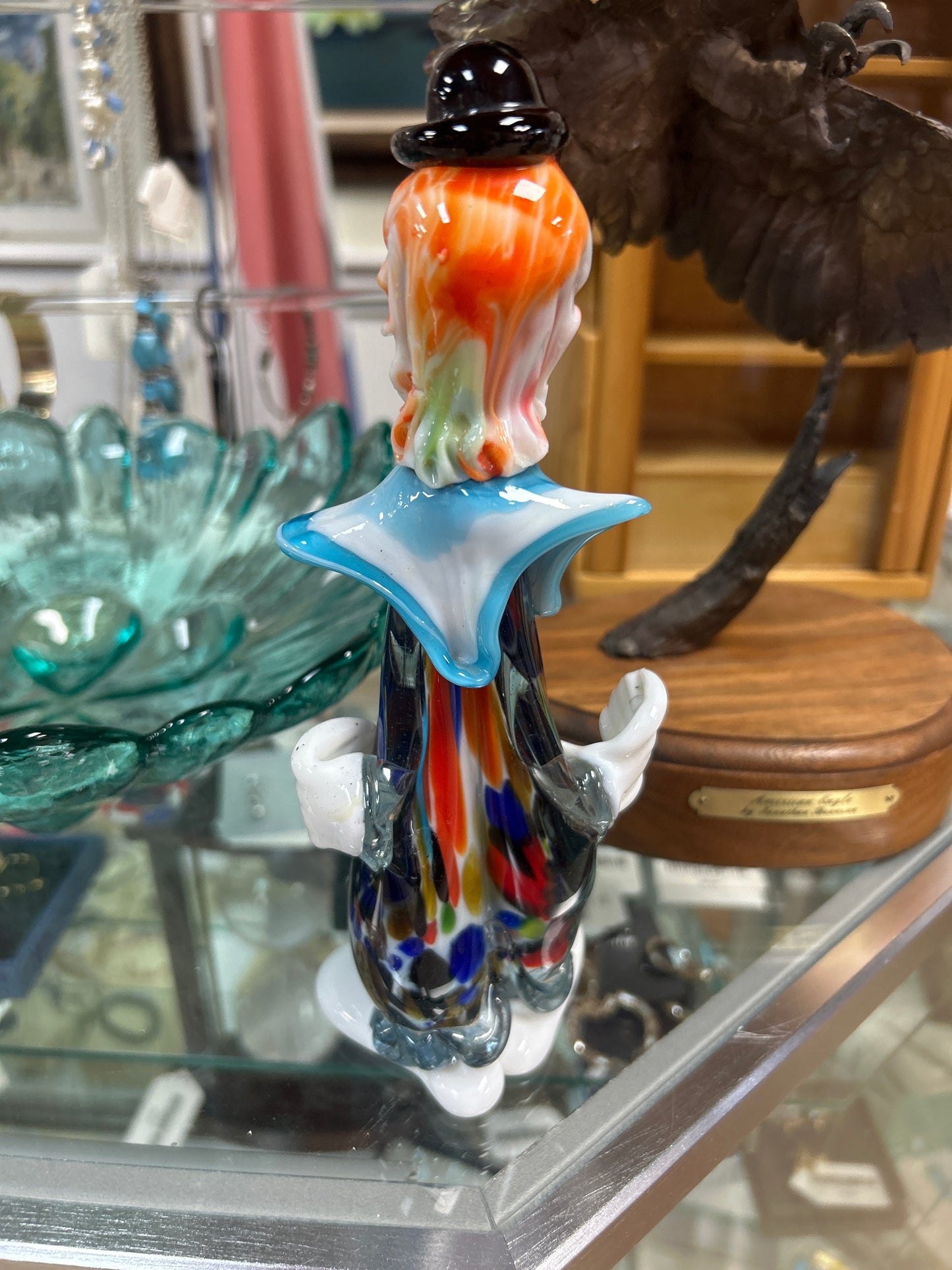 Handmade glass sculpture of clown 8 1/2”