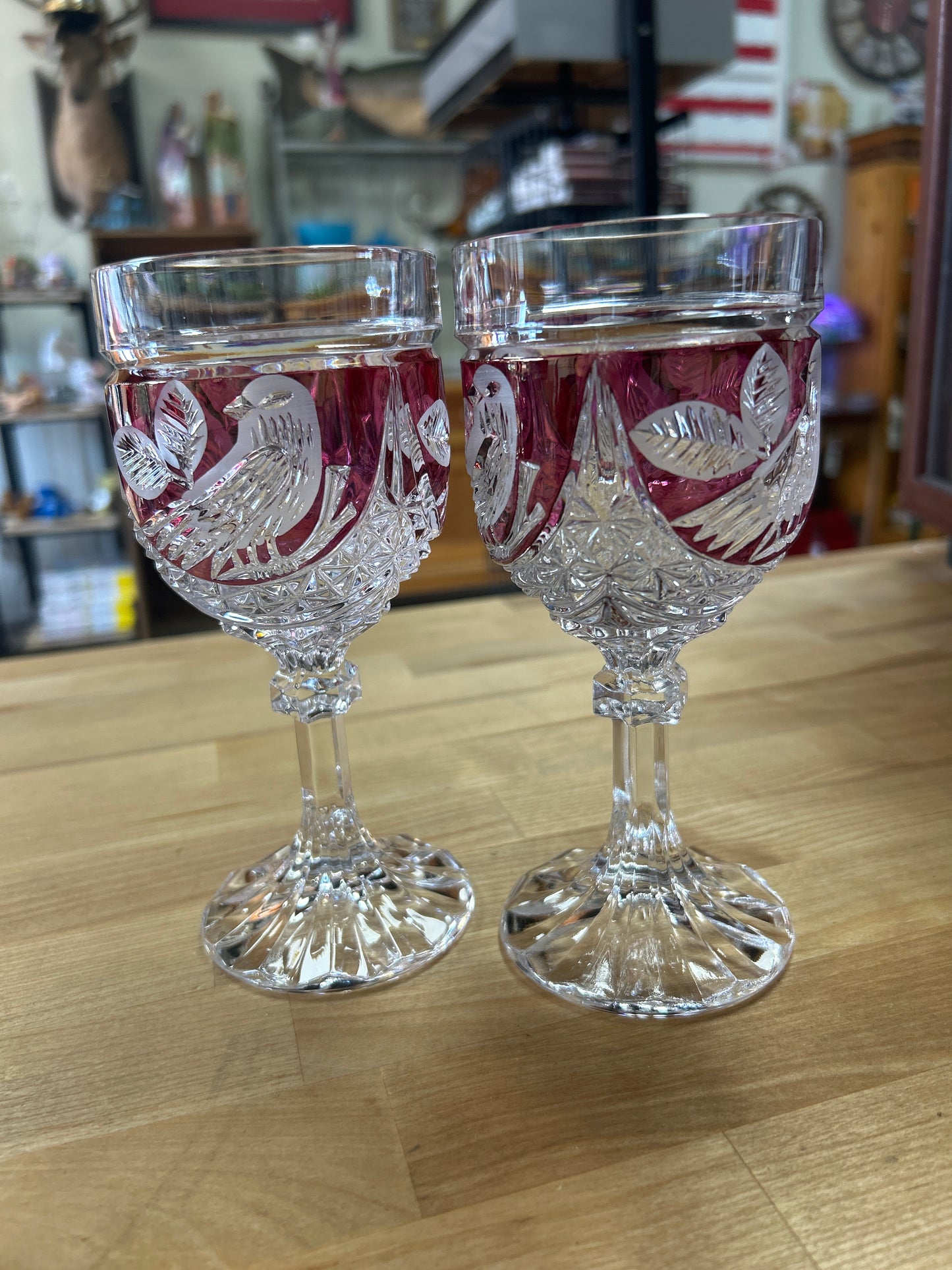 Vintage Pair of Hofbauer German Lead Crystal Ruby Byrdes Pattern Goblets