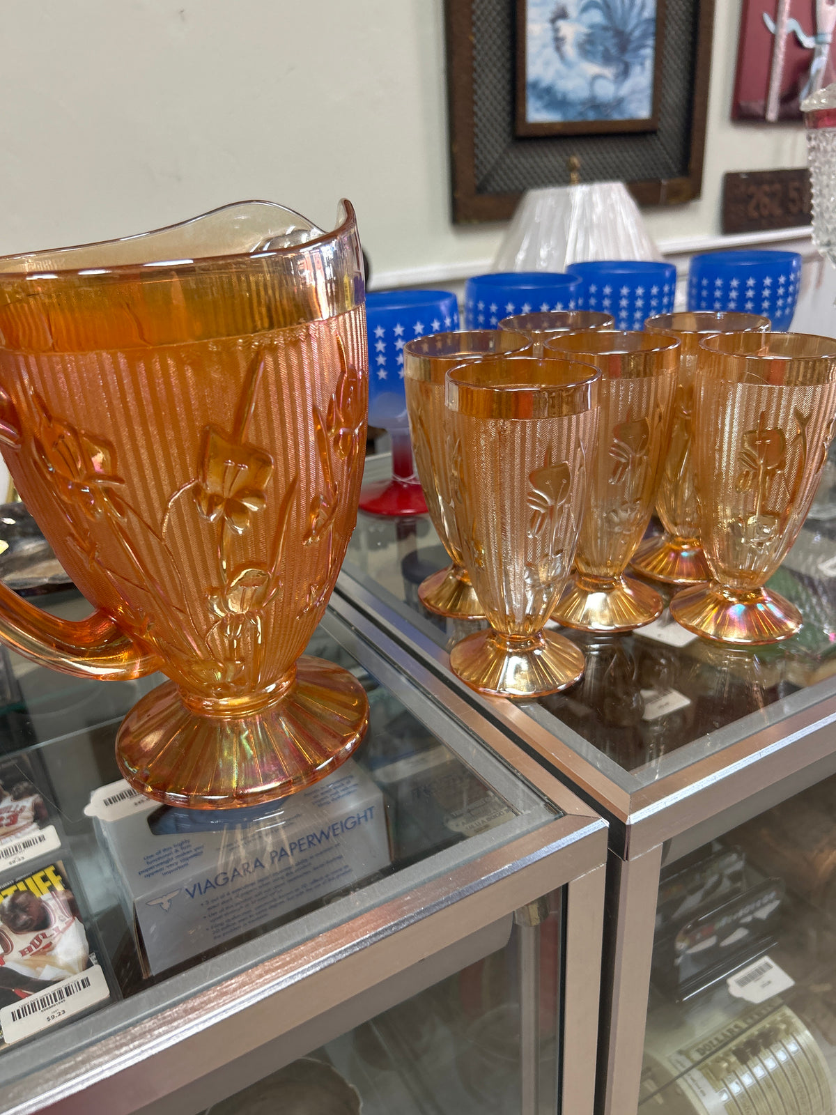 Carnival Glass Jeanette Iris Herringbone 6 Marigold Tumblers & Pitcher