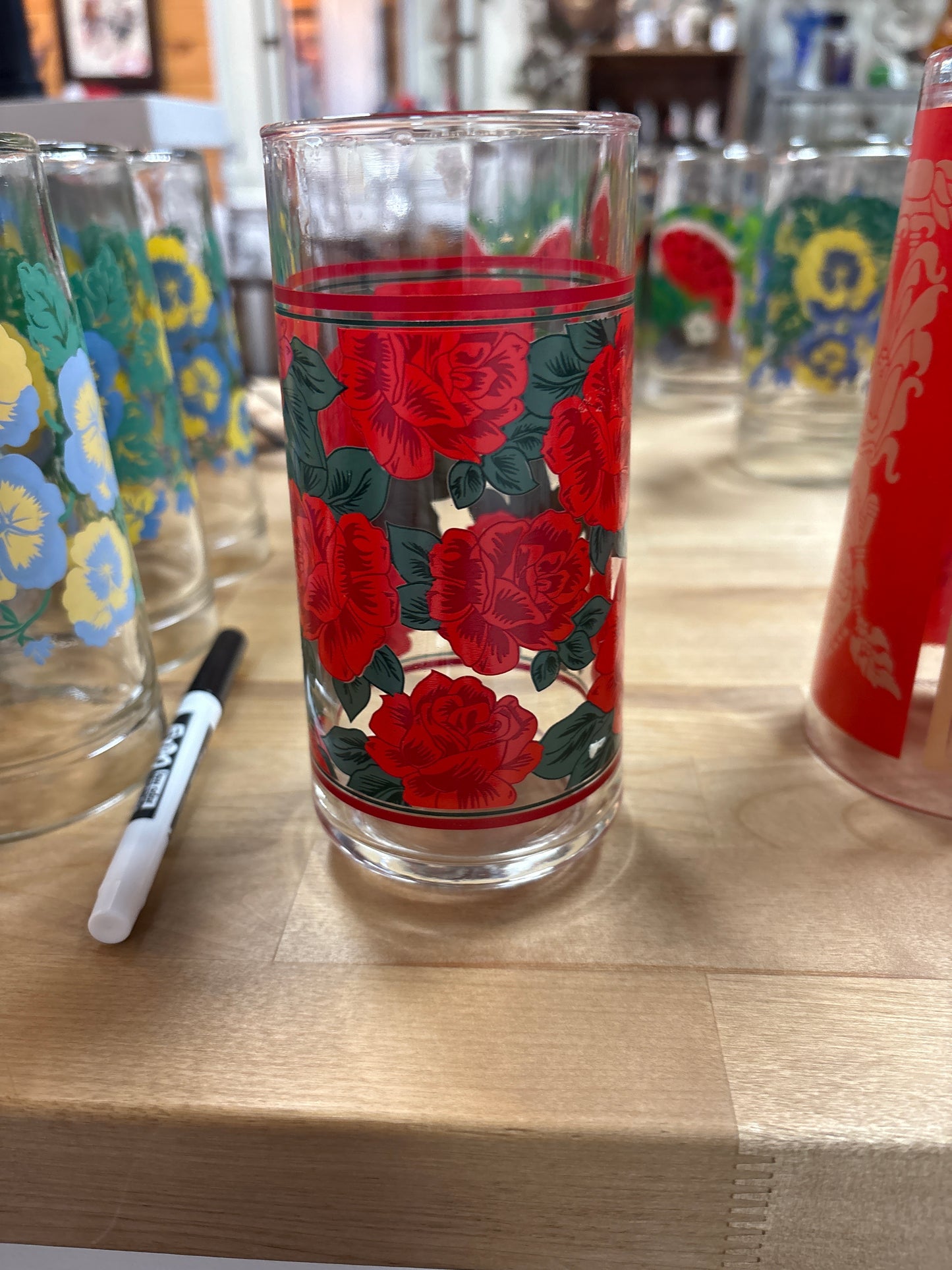 Vintage Crisa Green Red Floral Beverage Glasses set of 3