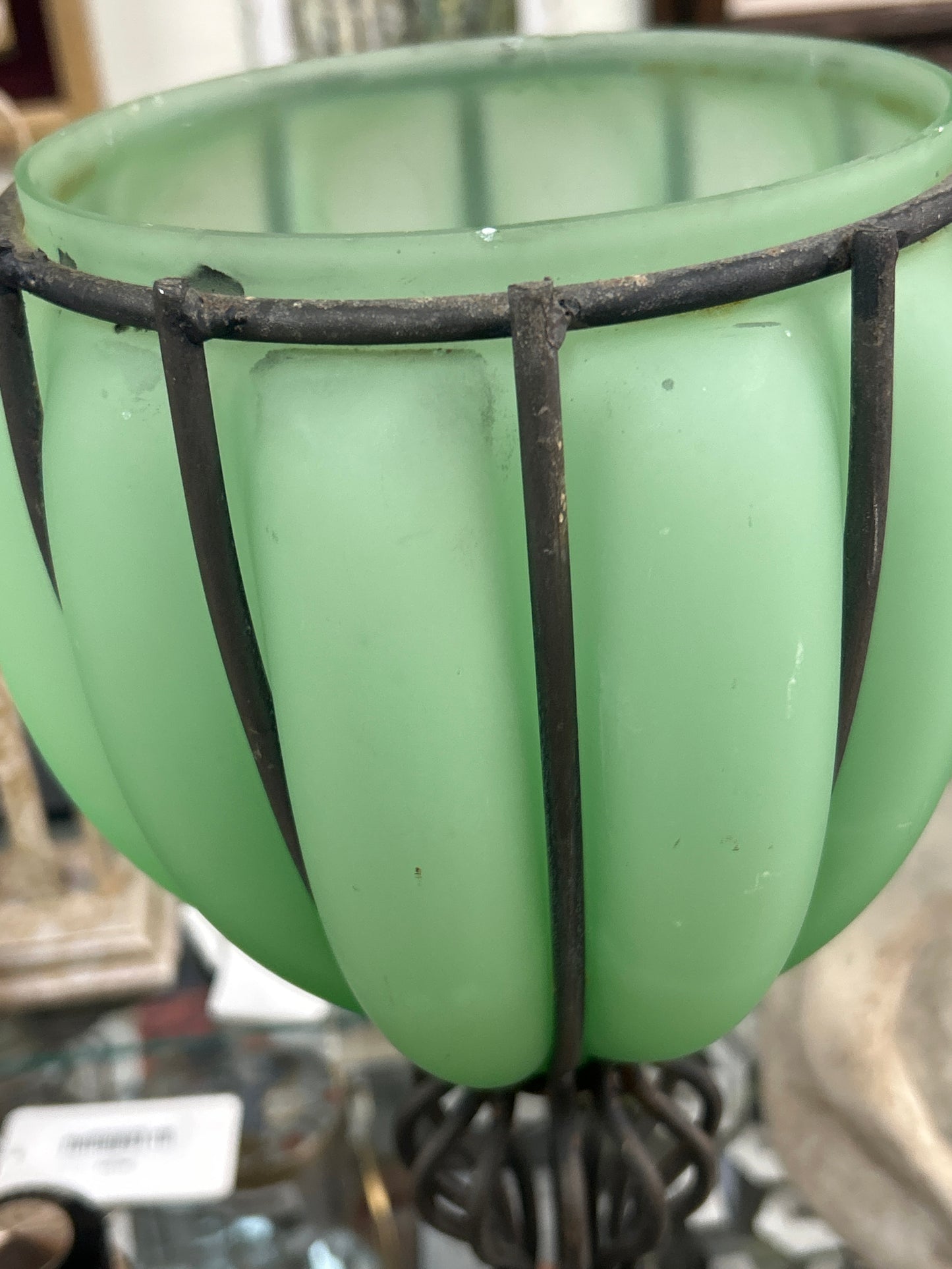 Vintage Frosted Green Glass Vase In Wrought Iron Stand Base 16” Tall