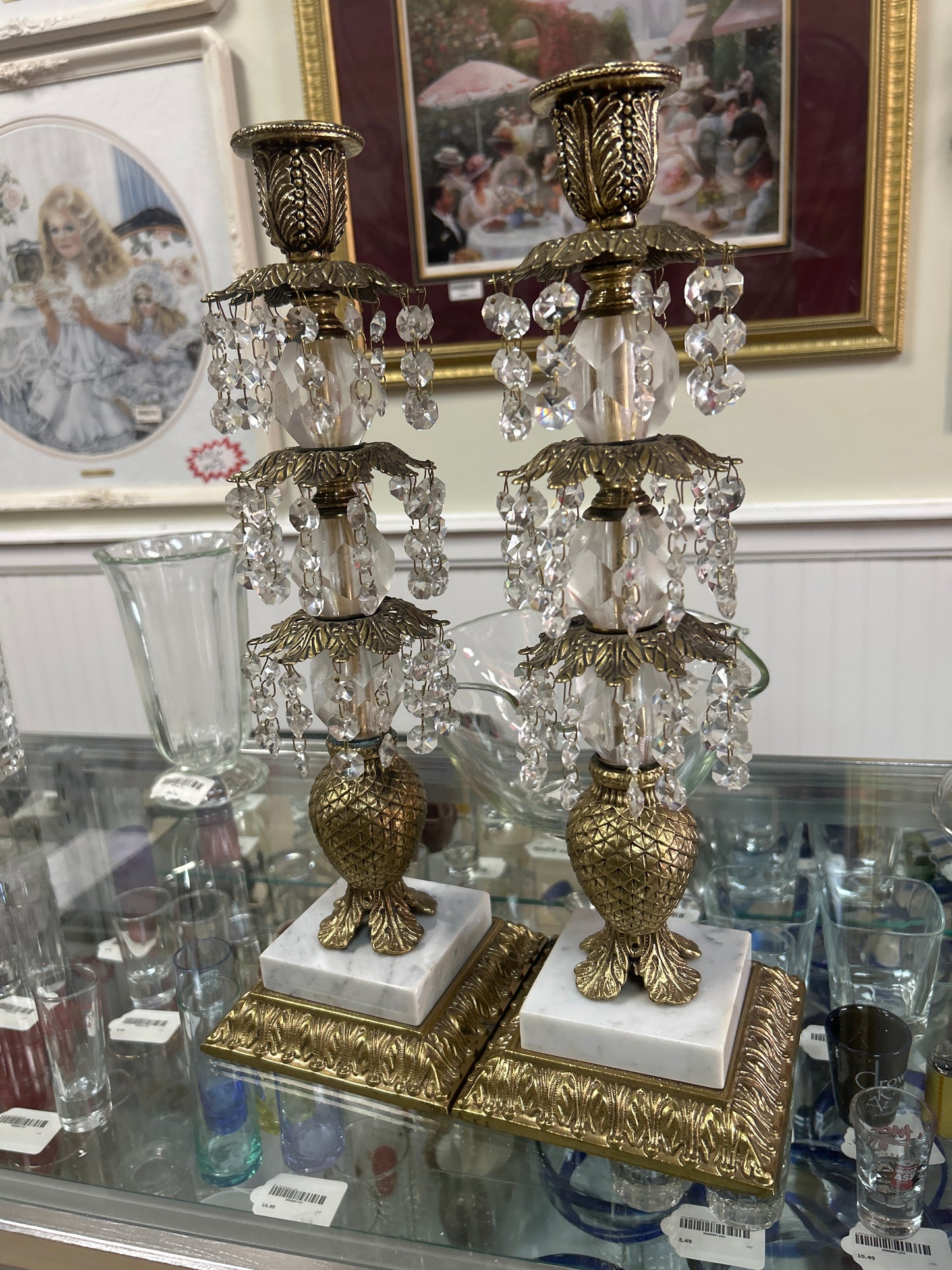 Pair of Vintage Hollywood Regency Style Ornate Gold cast Brass w/ Marble Base Candlestick Holders
