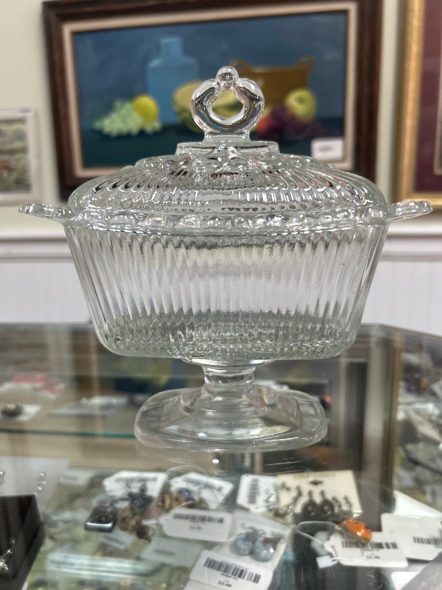 Vintage Indiana Glass Lace Edge Pedestal Covered Candy Dish