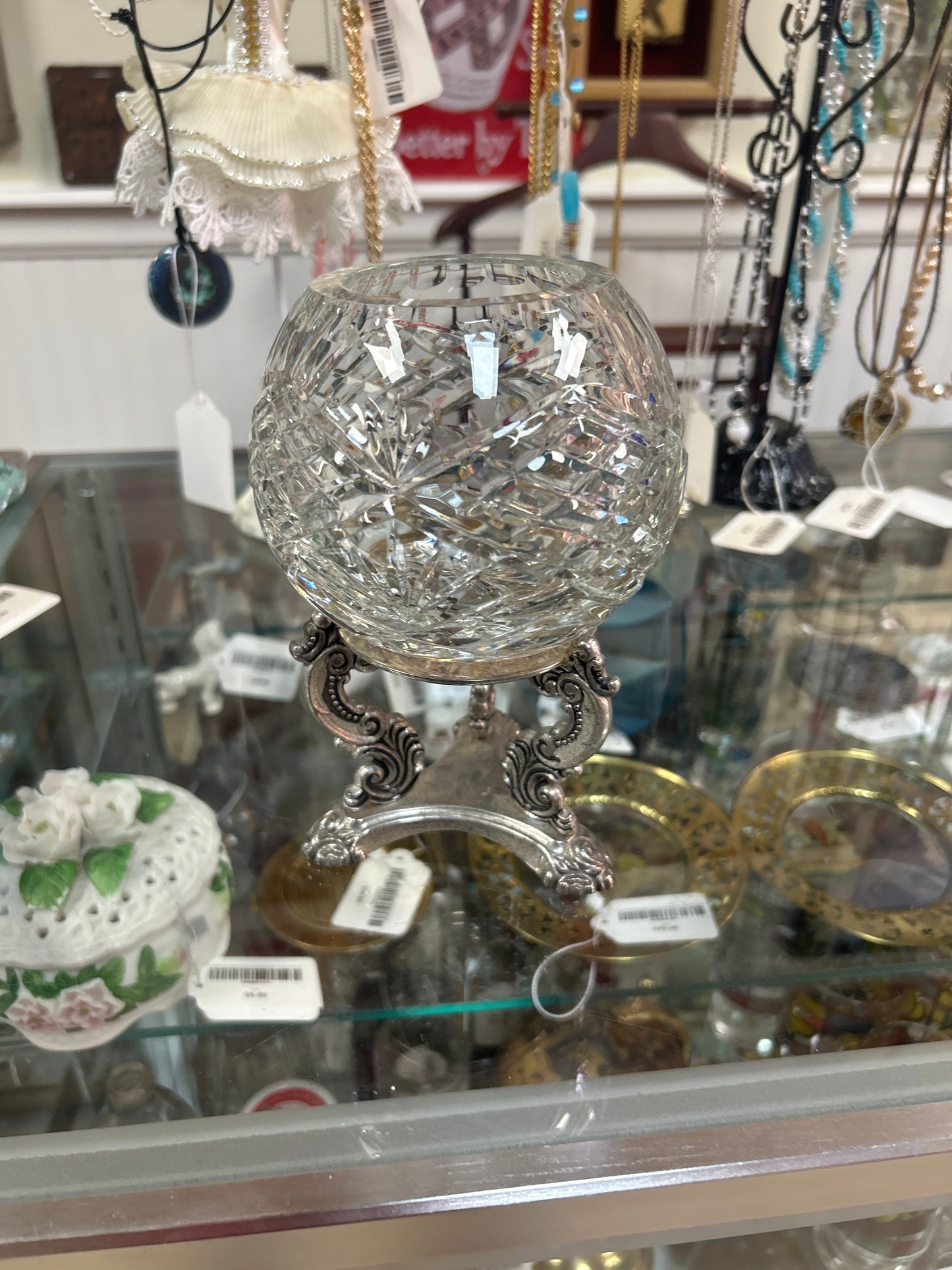 VINTAGE CRYSTAL LEGENDS BY GODINGER CUT GLASS BOWL ON ORNATE STAND HOLDER