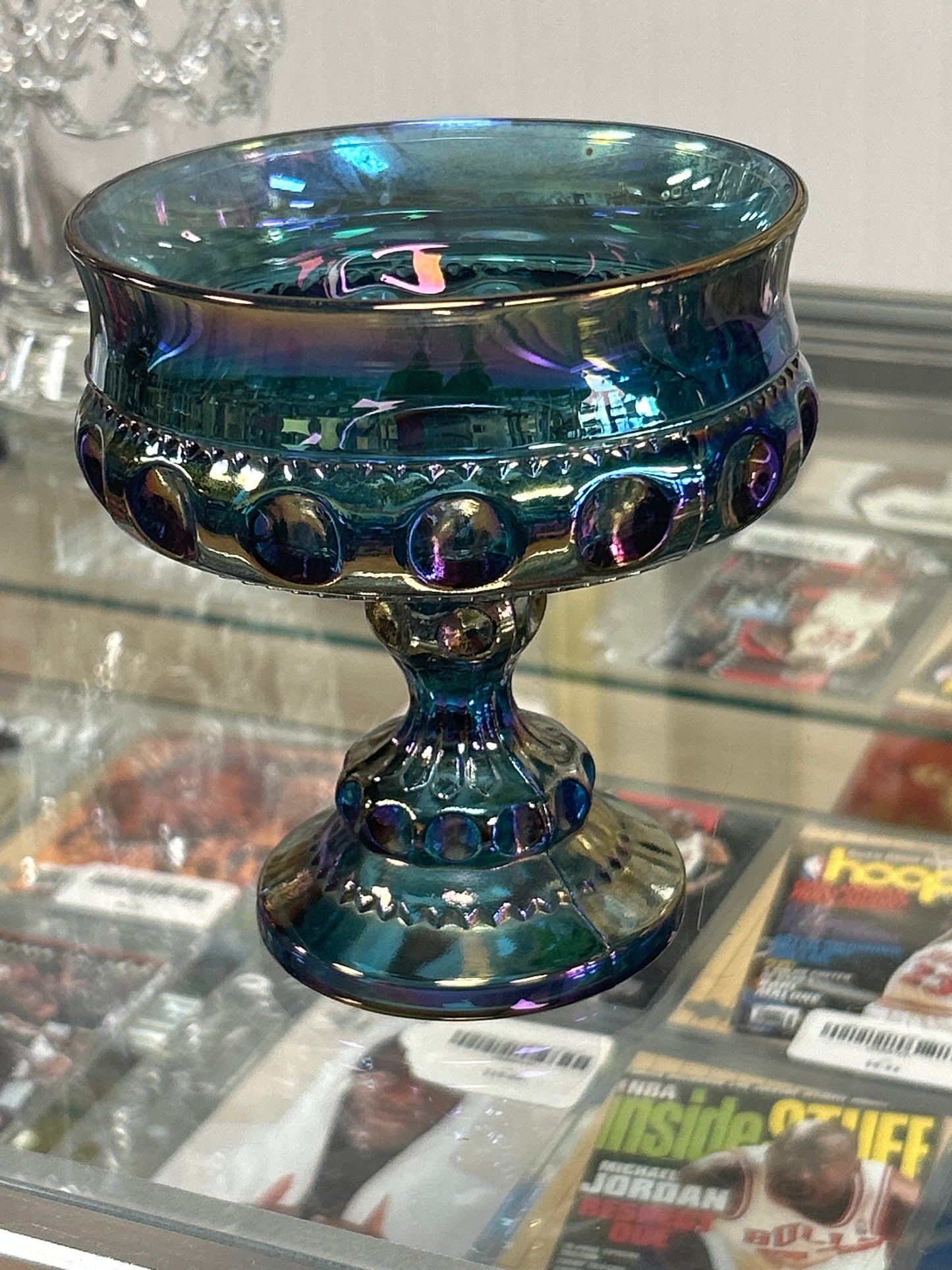 Vintage Iridescent Blue Carnival Glass Compote or Candy Dish: Indiana Glass Kings Crown Design