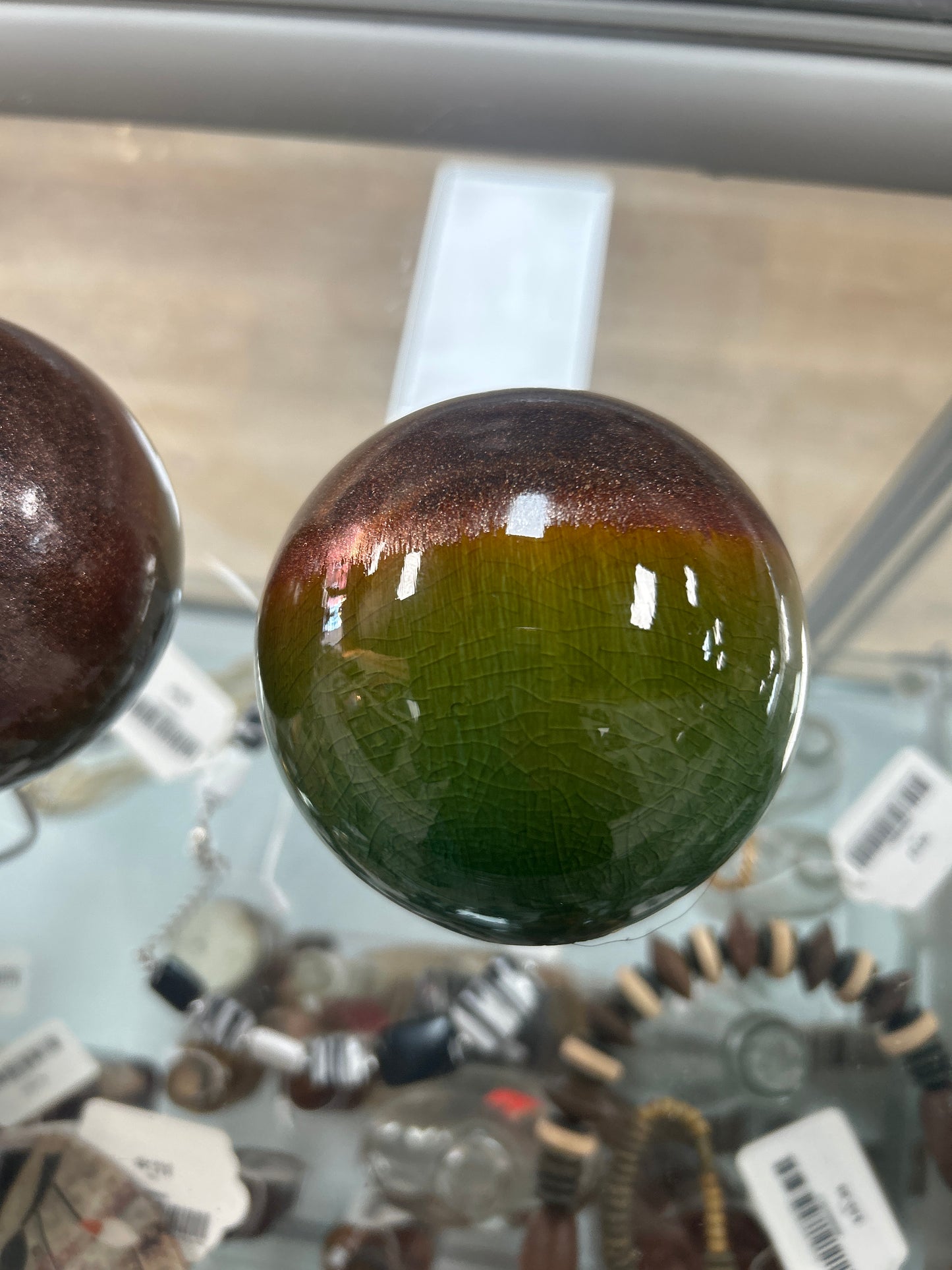 Glazed Pottery Globes (tones of green, brown and purple) 3 1/2” Set of 3