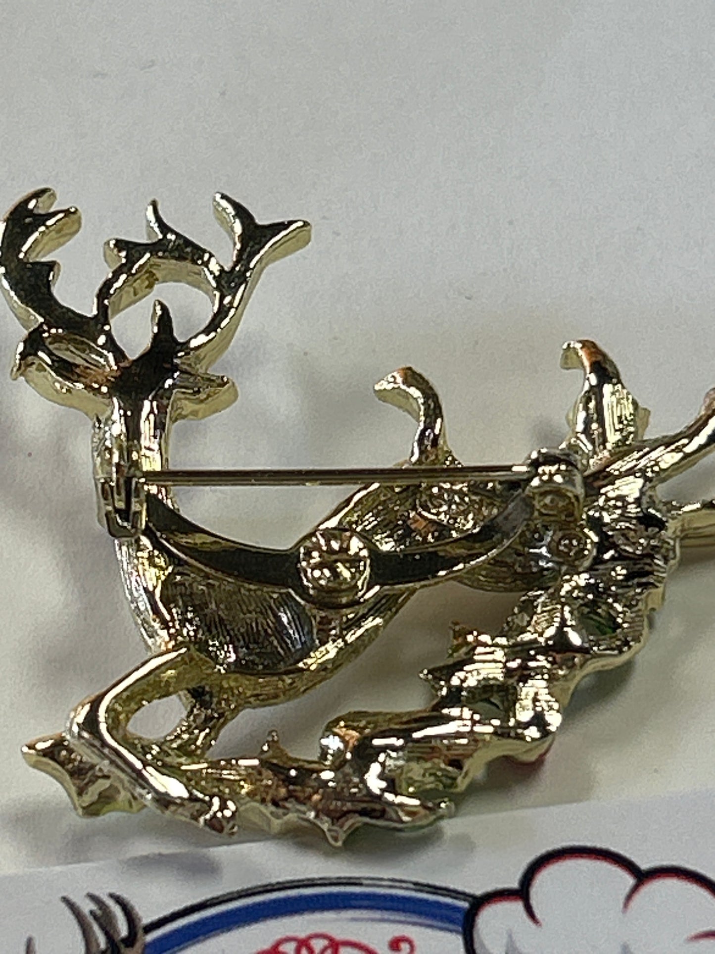Vintage Christmas Brooch/Pin Gold Tone Rudolph Reindeer & Holly Signed Gerrys 2"