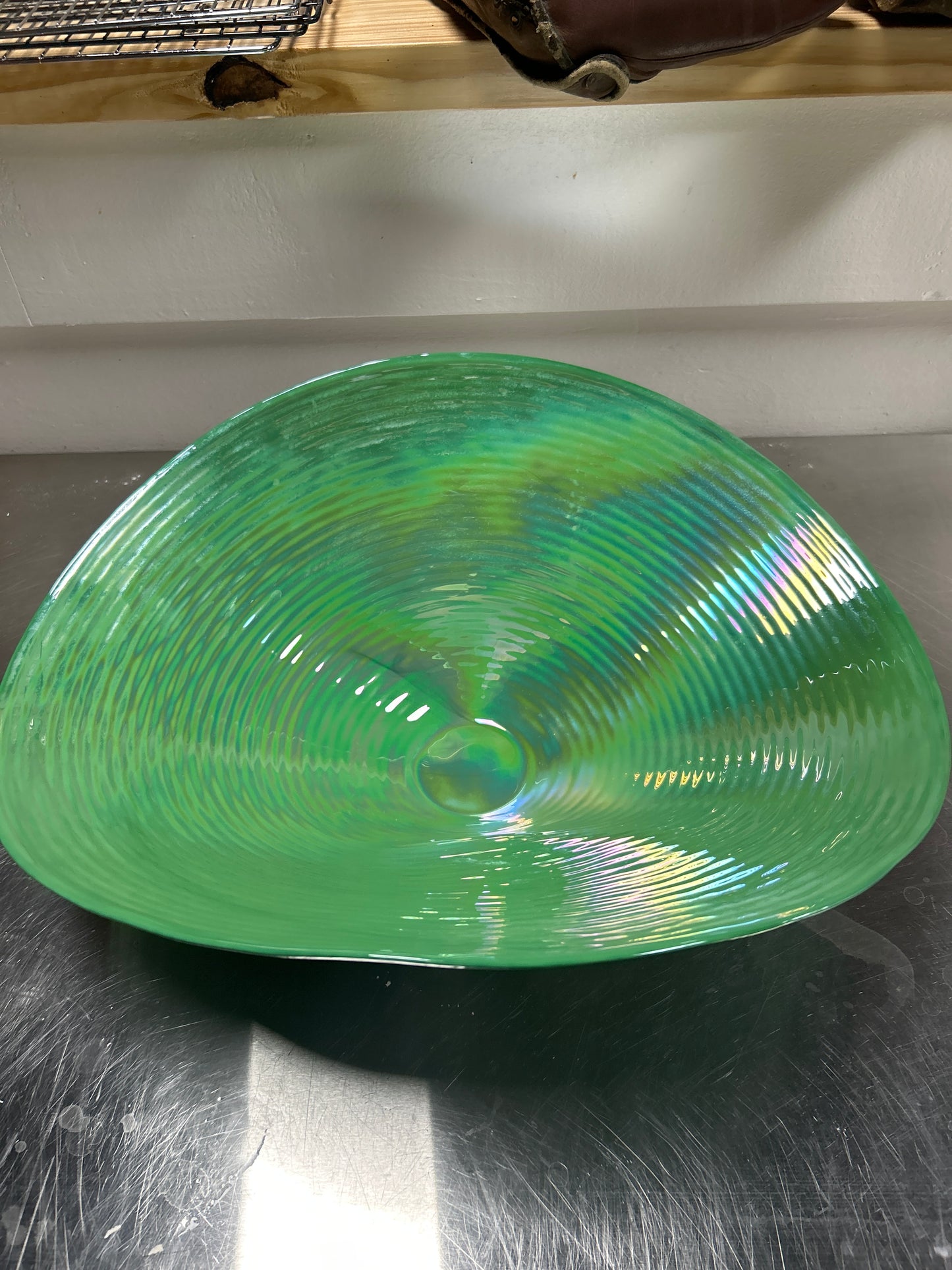 Large green iridescent glass bowl