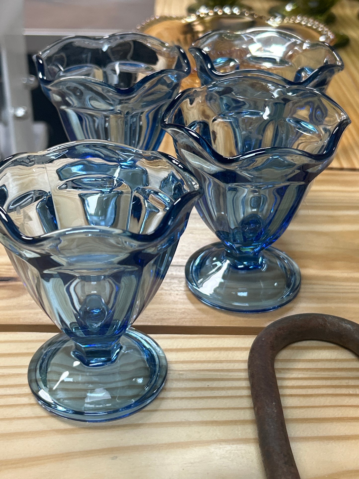 Vintage Anchor Hocking Blue Footed Ice Cream Sundae Dessert Glasses Set of 4