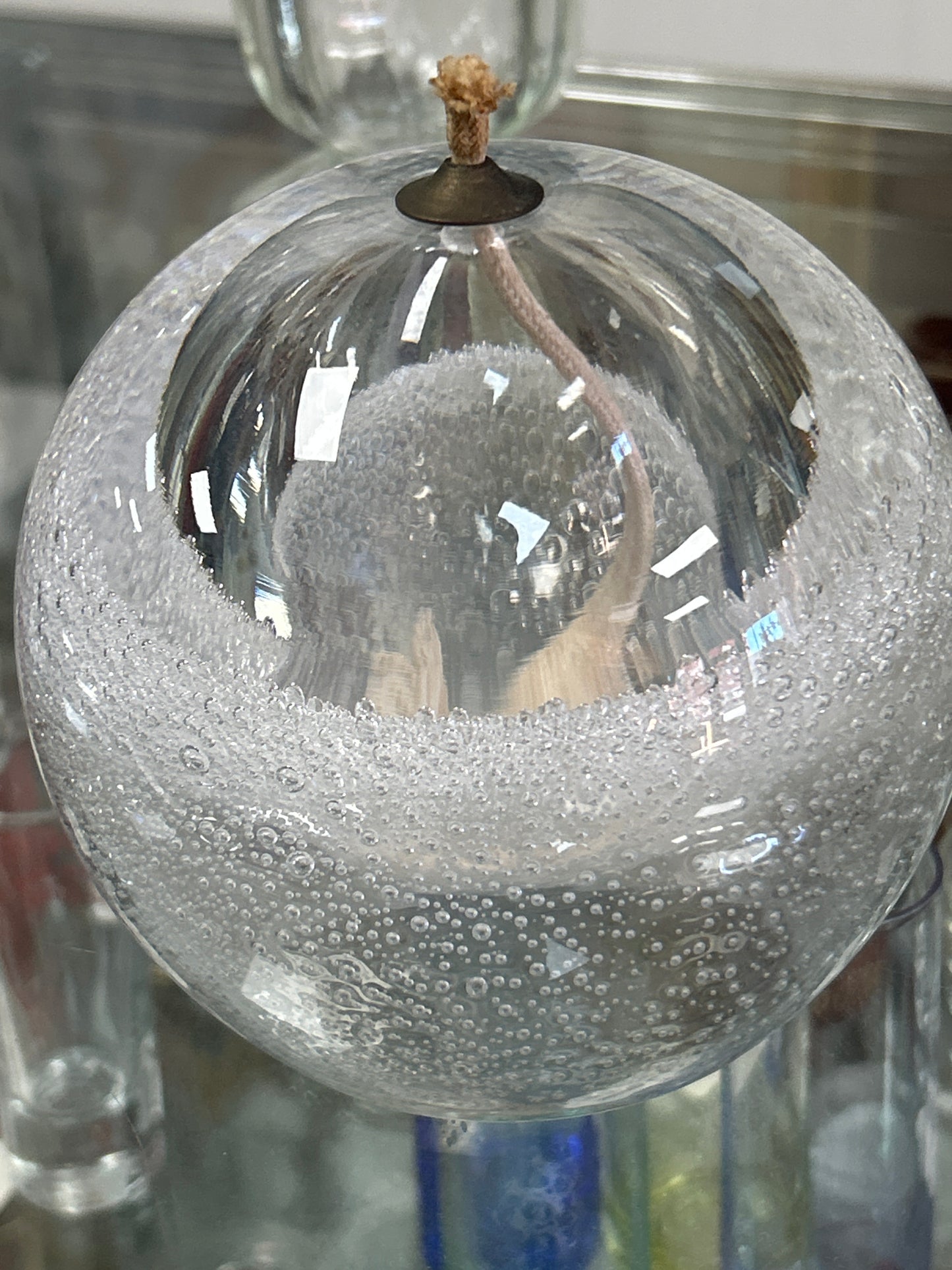 Vintage Hand Blown Round Art Glass Bubbled Oil Lamp with Wick Large, Heavy