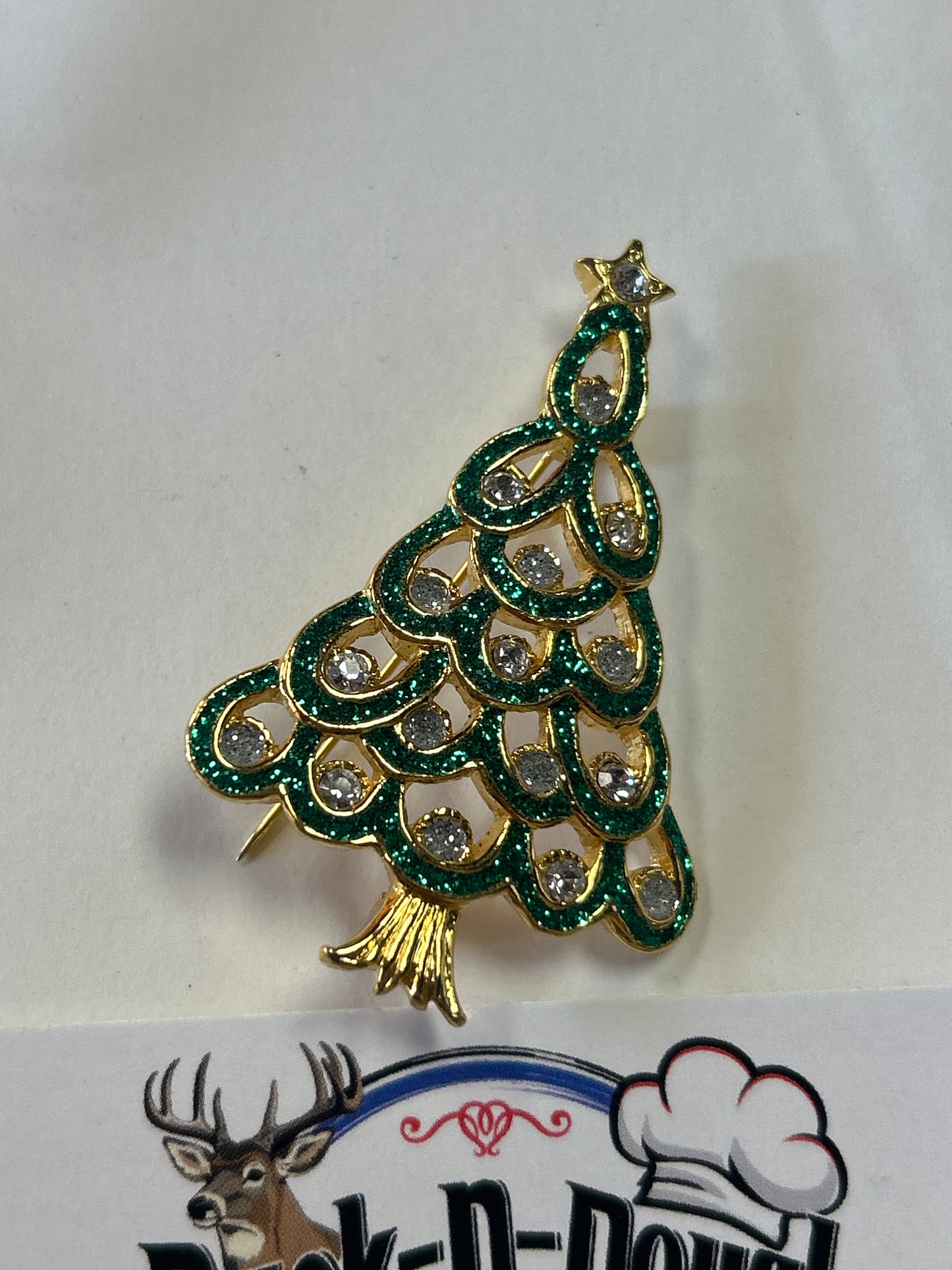 Vintage Gold Green Enamel Christmas Tree Brooch With Rhinestones