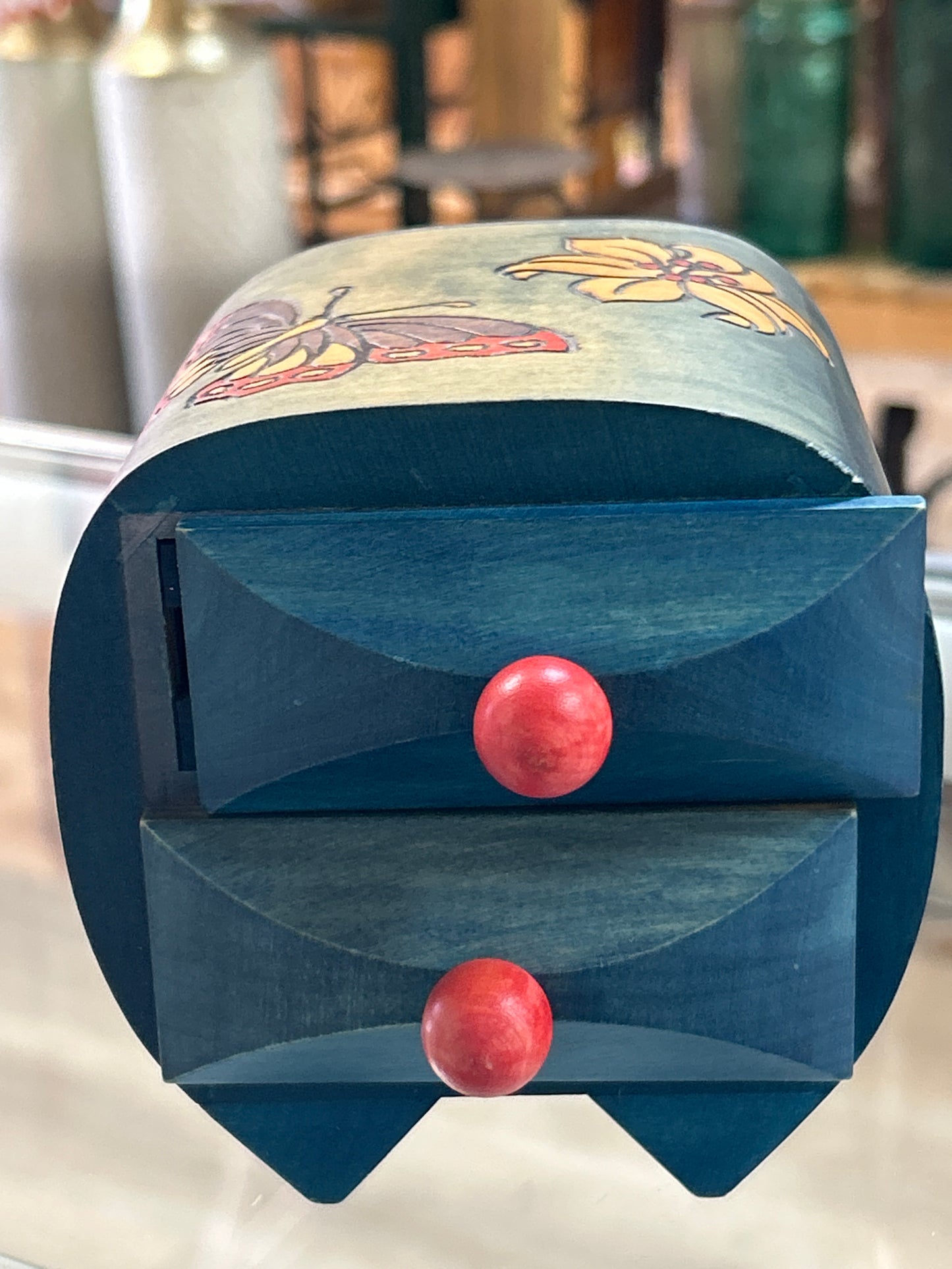 World of Boxes Marked w/Butterfly Motif. Trick Drawer’s. Marked on bottom.