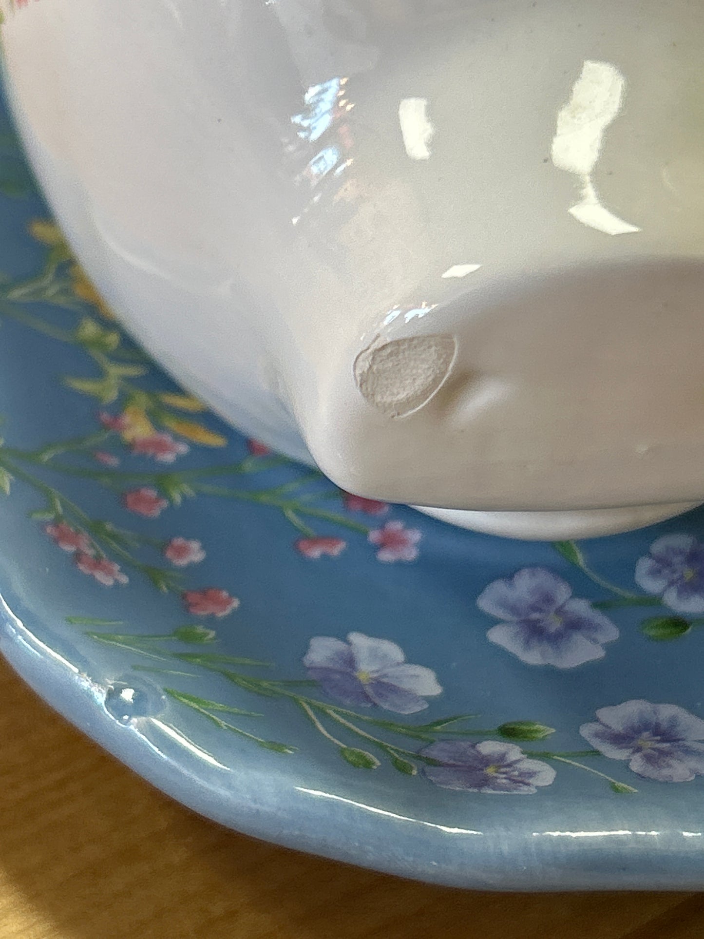 Modern Cottage Floral Pig Butter Dish Blue Base Farmhouse (small chip on nose)