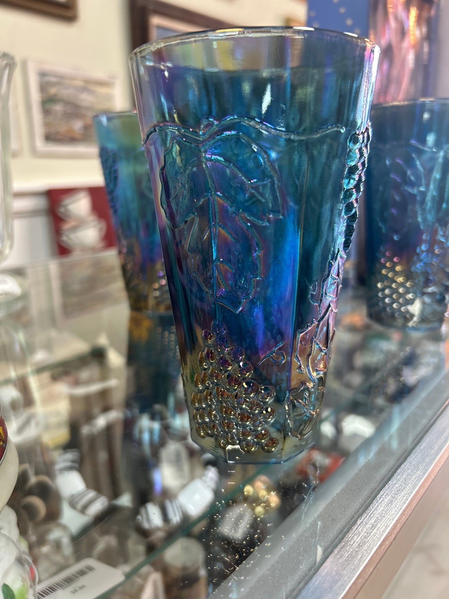 Vintage Indiana Harvest Blue Carnival Glass Tumbler Grapes w/Leaves (Set of 6)