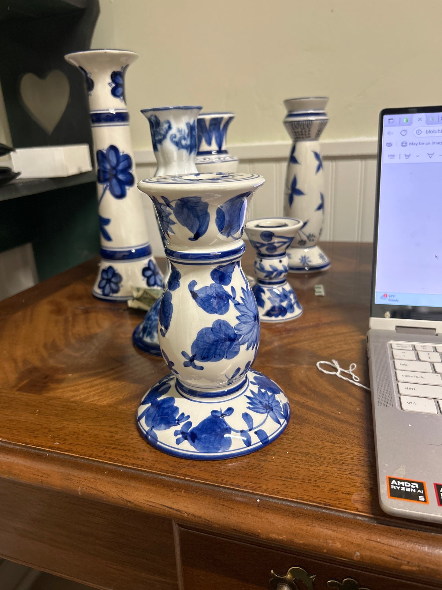 Delft Style Candlestick Holder - 6.5 in