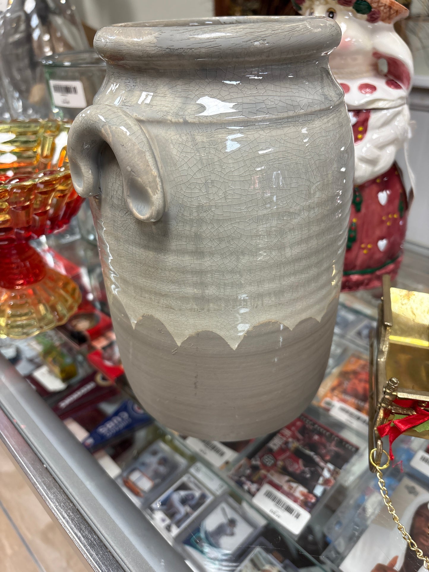 Large Gray Clay Jug with Wave Design