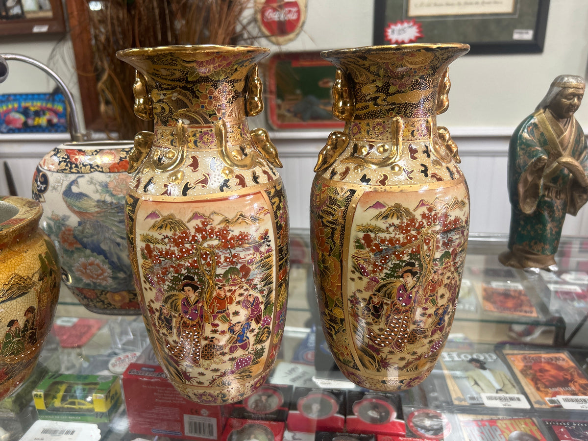 10 Inch Japanese Satsuma-style porcelain vase hand-painted scenes of females in kimono and intricate gilded details set of 2