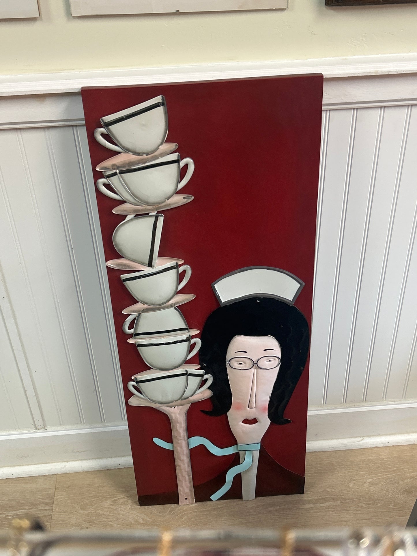 Large Unique Wood & Metal Wall Art ~ Waitress W/ Stack of Coffee Cups & Saucers