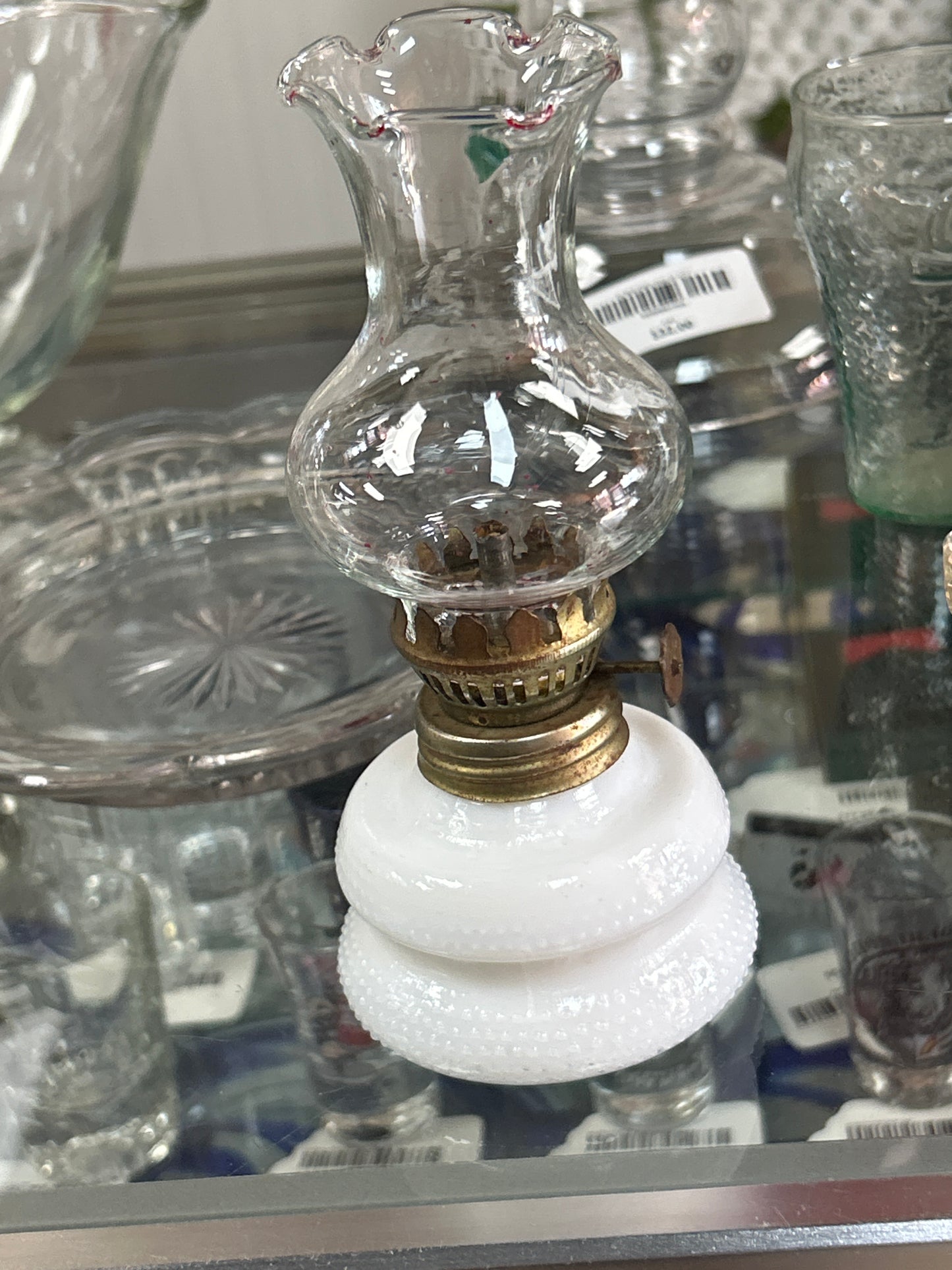 Milk Glass Oil Lamp Small 6.5 Inch Tall Bubble Base