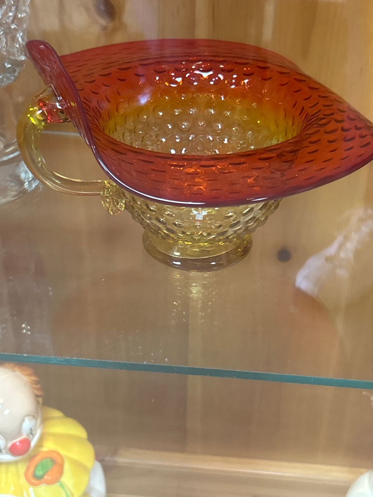 Kanawha Amberina Yellow Red Glass Hobnail Turned Up Edge Handled Bowl. Large