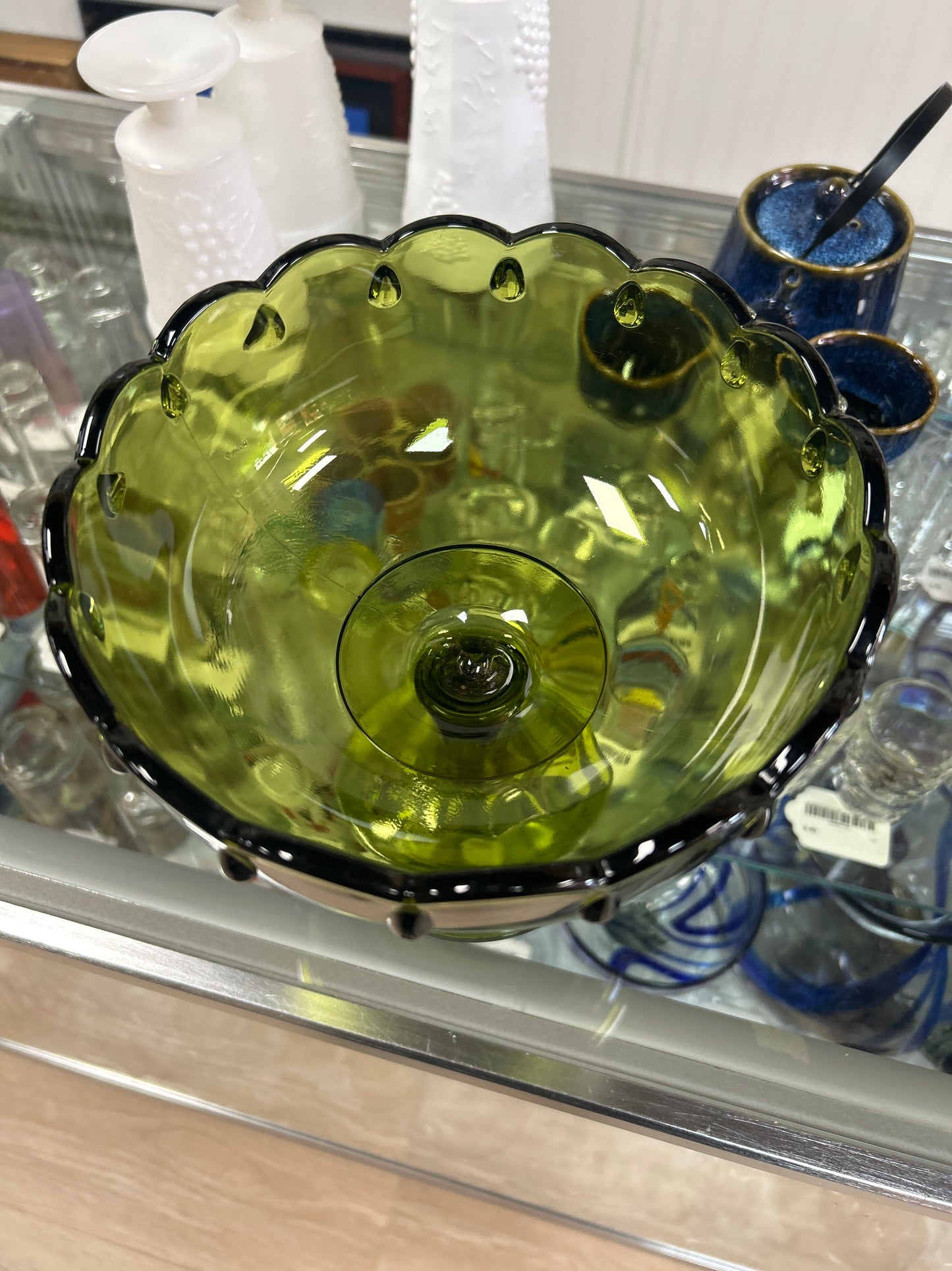 Vintage Indiana Glass Green Scalloped Tear Drop Pedestal Compote Bowl 7.5" Tall