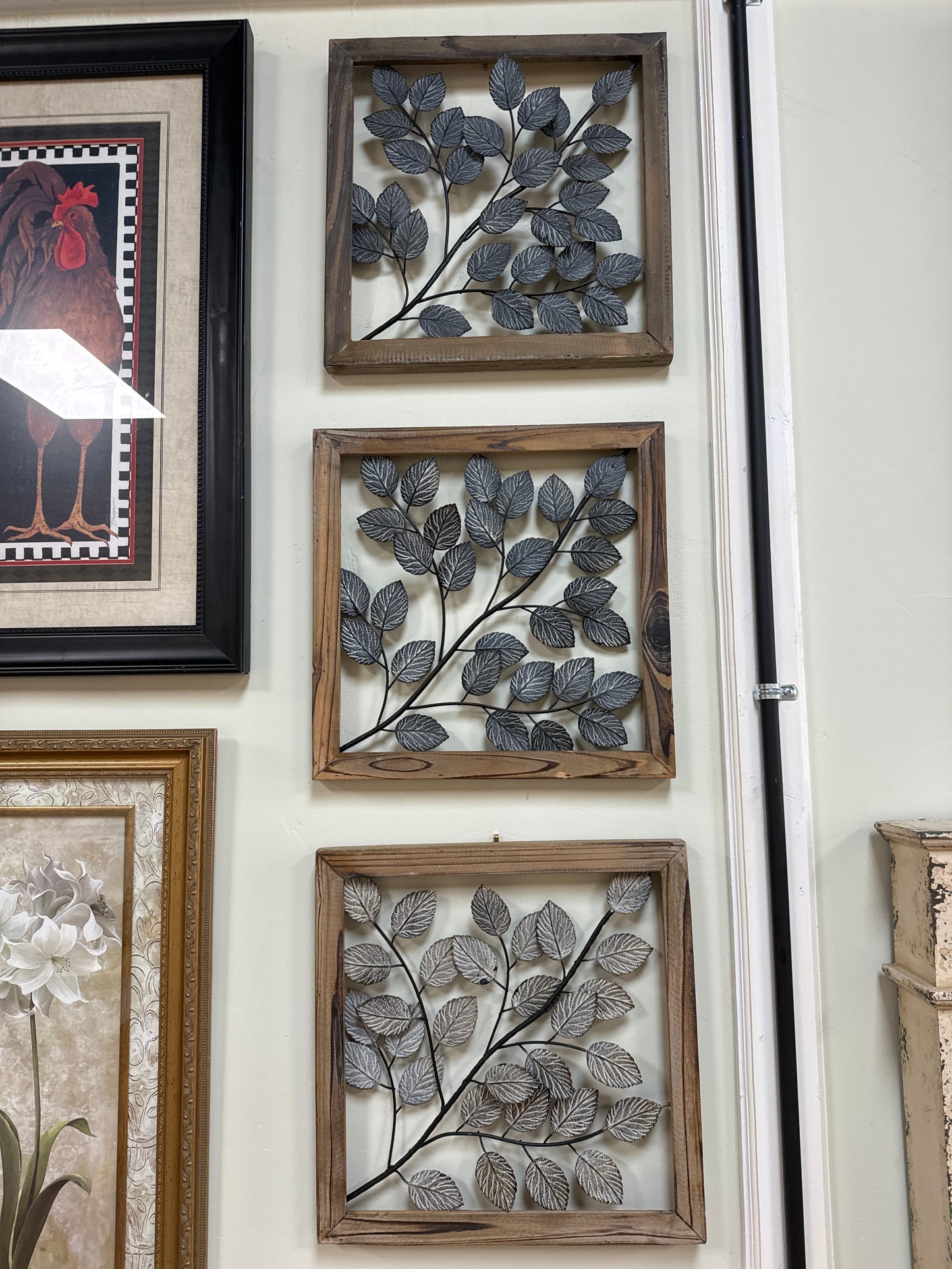 3 Piece Set Wood Frame Wire Leaves Wall Art Set 15” x 15”