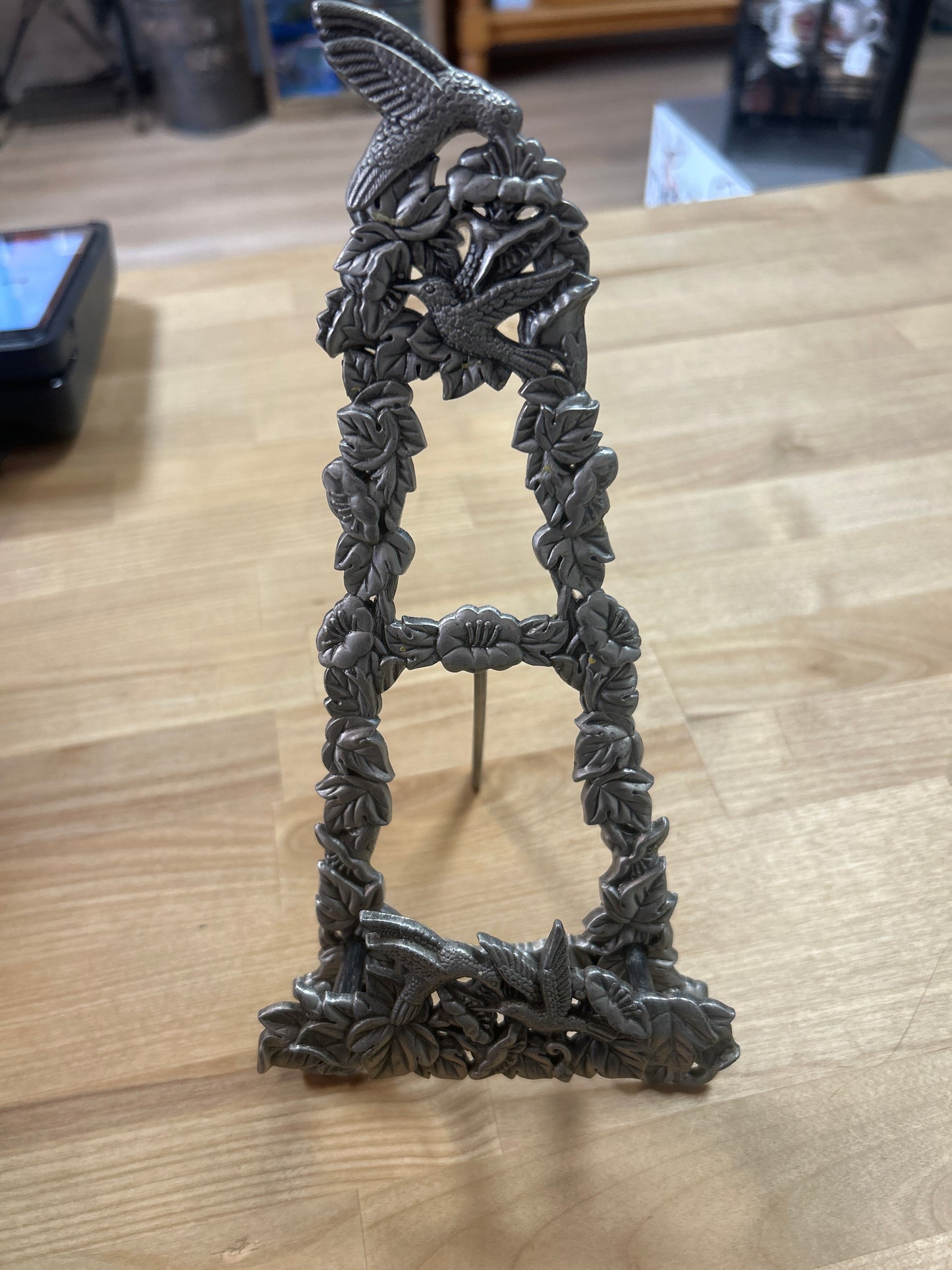 Ornate Pewter Hummingbird Easel/Stand-floral Vines- Plate/ Picture Holder Decor 9”