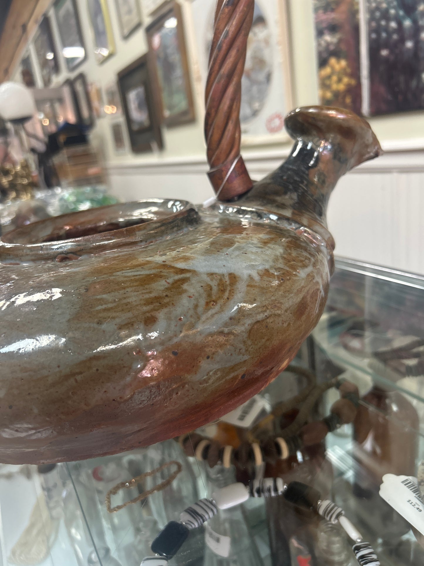 Evan Jones Studios Pottery (this is a show stopper). 20” to top of handle and from spout across 16”. This maybe too nice for our store…it’s heavy and beautifully. Nice piece ever to come through our store.