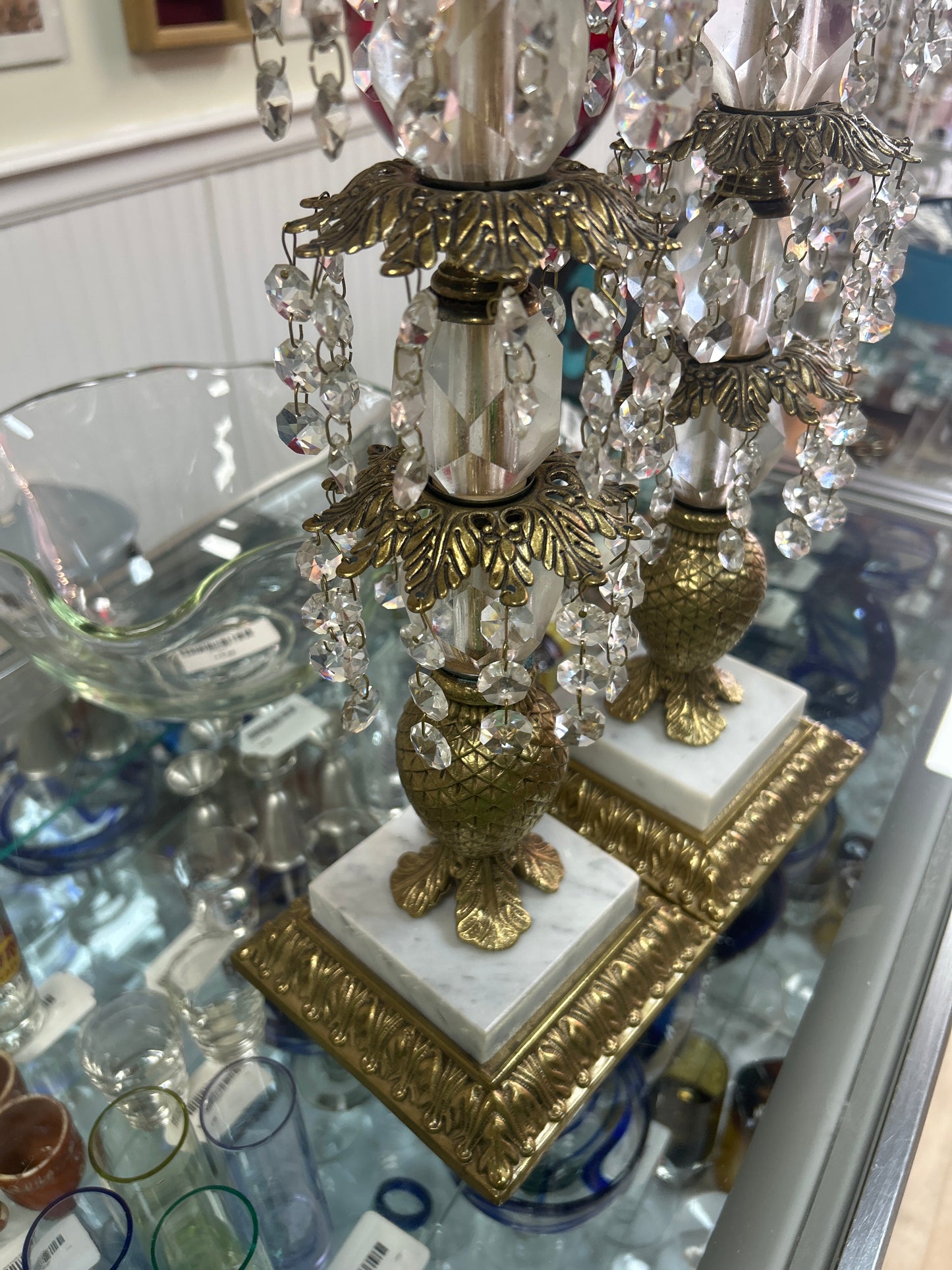 Pair of Vintage Hollywood Regency Style Ornate Gold cast Brass w/ Marble Base Candlestick Holders