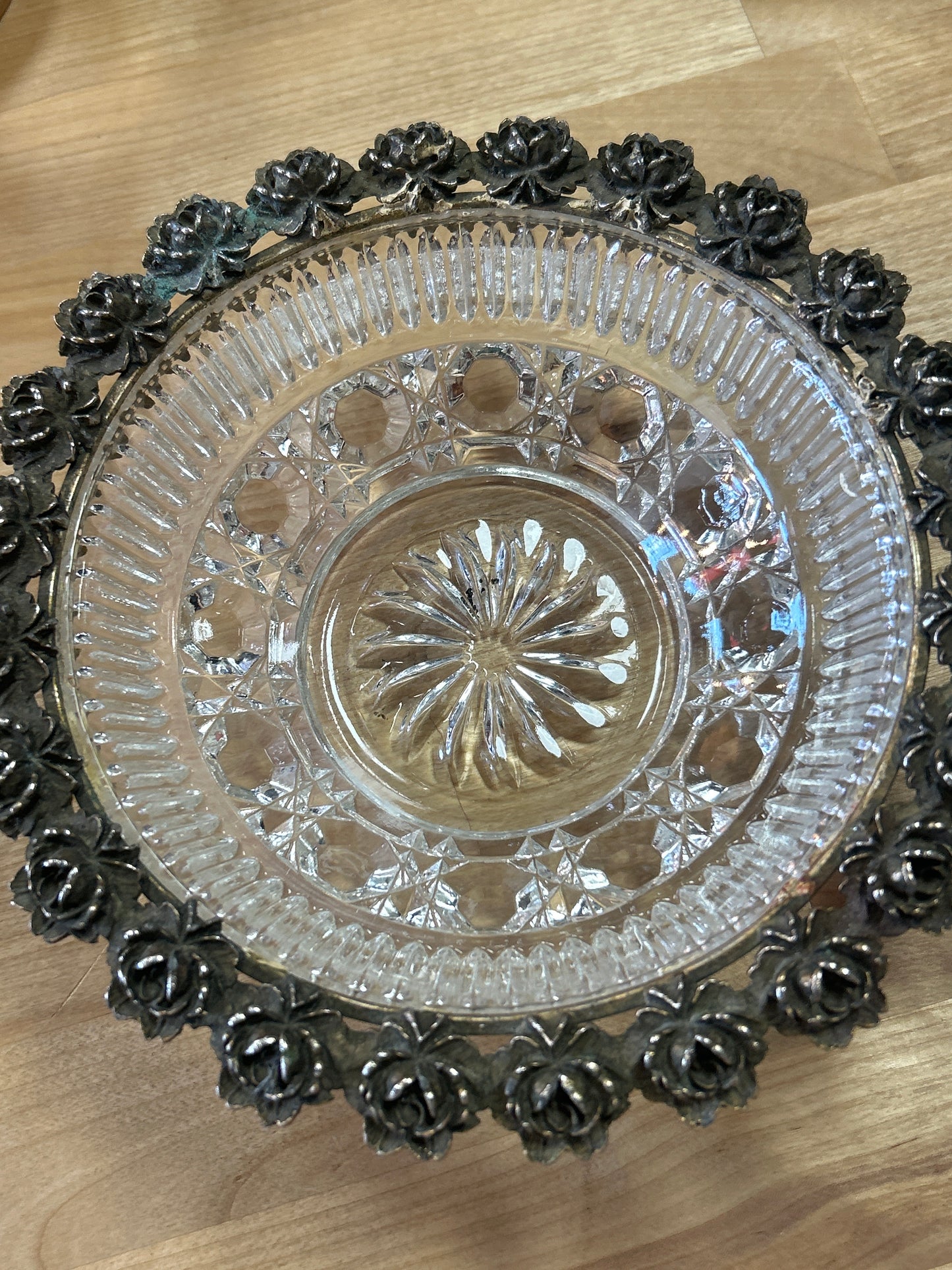 Vintage glass bowl metal flowers lip