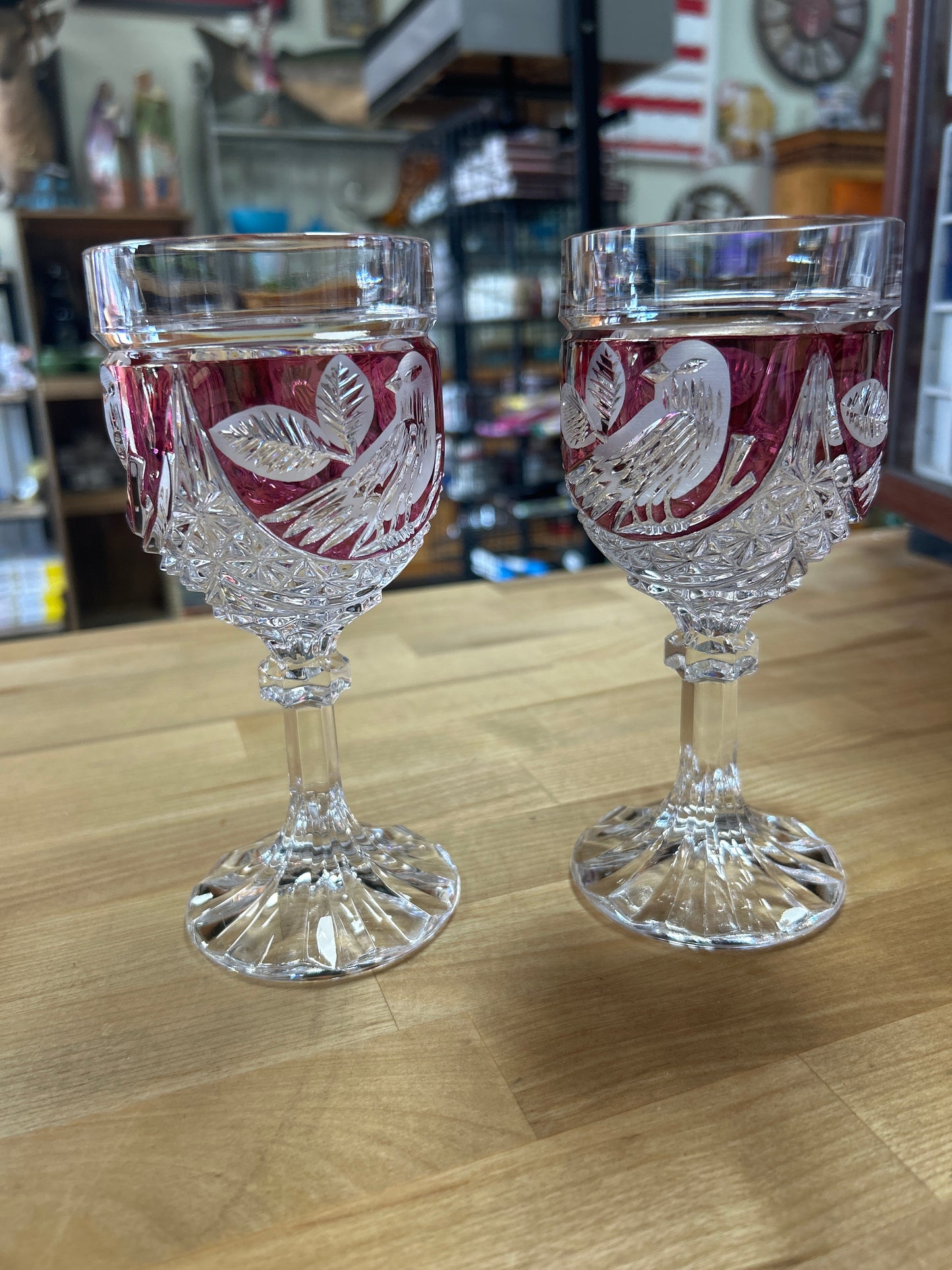 Vintage Pair of Hofbauer German Lead Crystal Ruby Byrdes Pattern Goblets