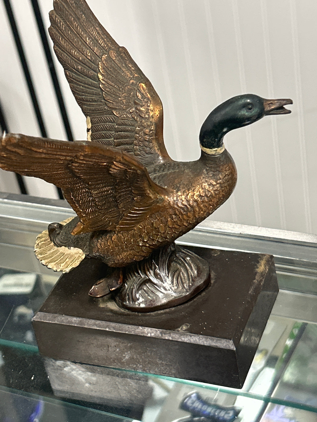 Vintage Mallard Duck Paperweight Made of Bronze or Copper on Metal Stand