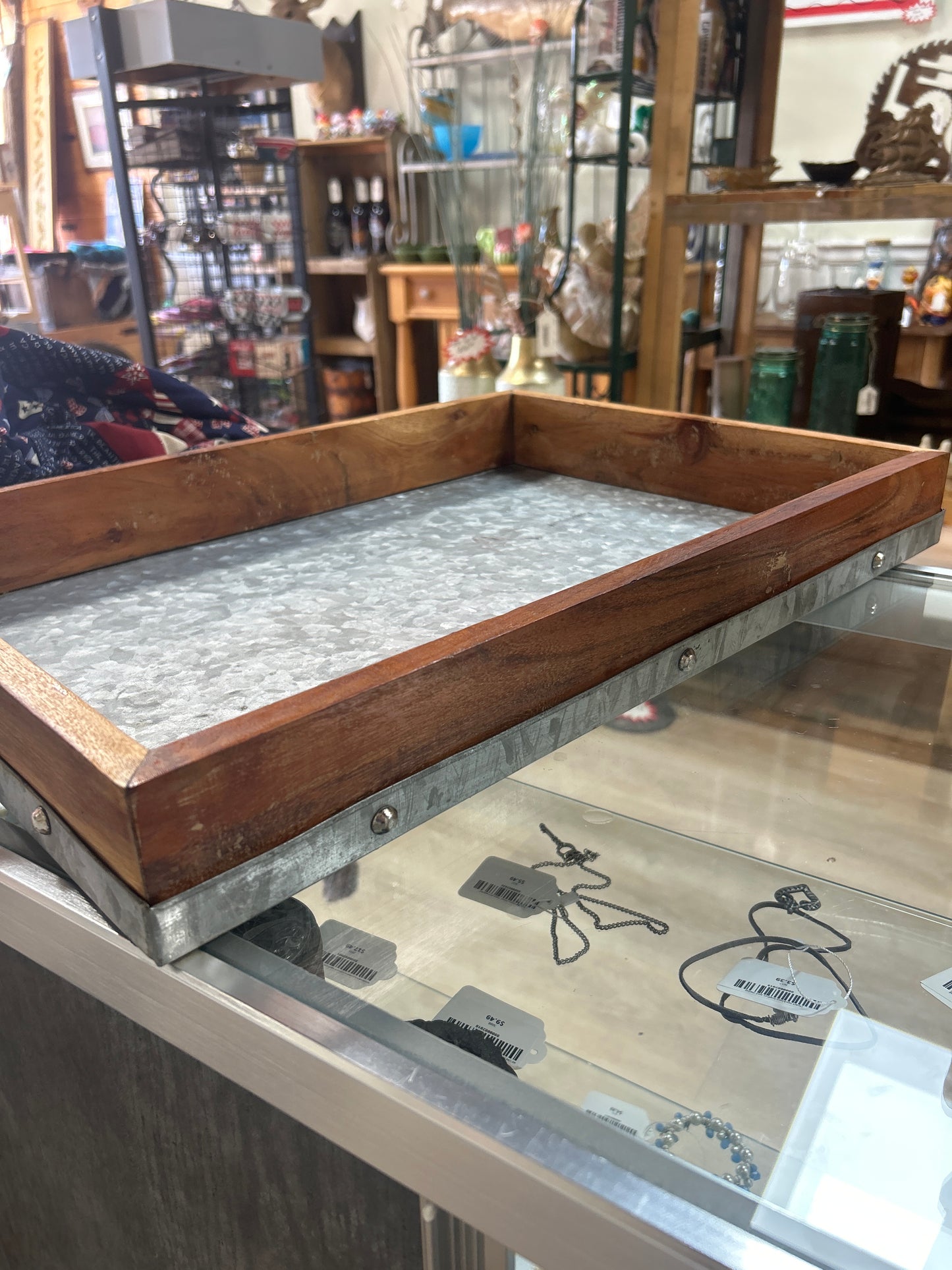 Wood and metal tray 15 1/2 x 22 1/4