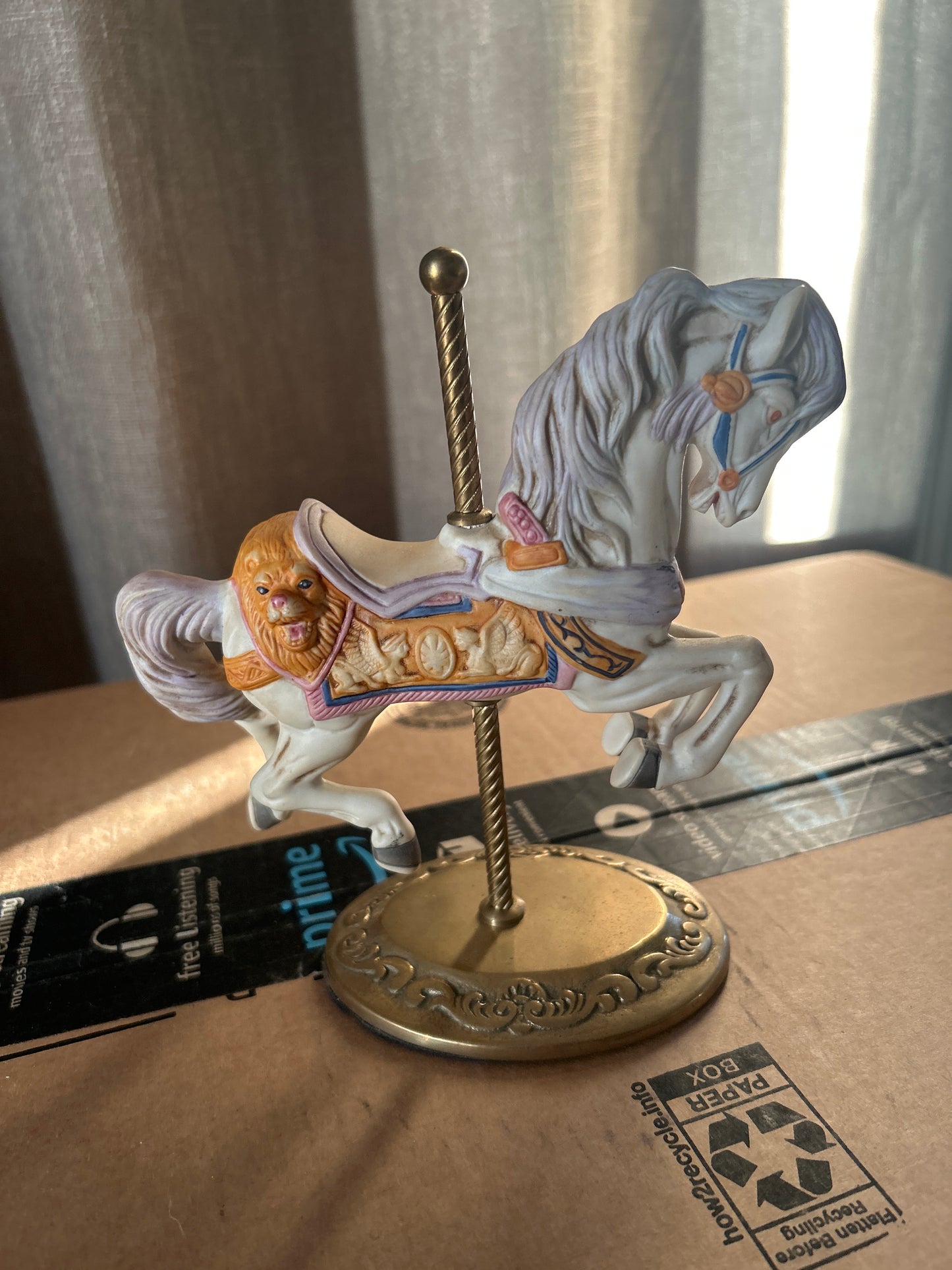 Carousel Horse, Willetts Design Bisque Porcelain White Gold w/Lions Head Saddle w/ Brass Base