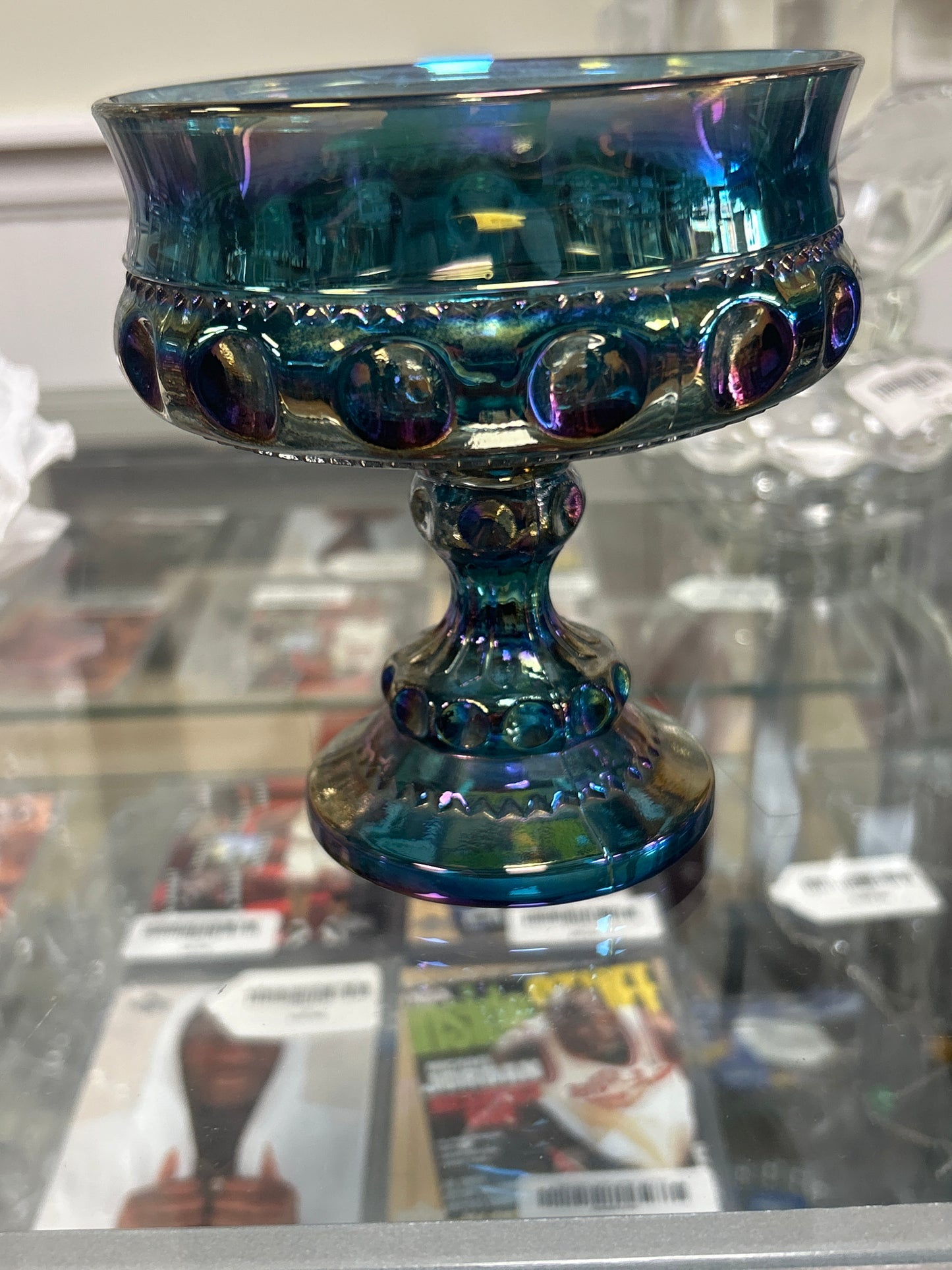 Vintage Iridescent Blue Carnival Glass Compote or Candy Dish: Indiana Glass Kings Crown Design