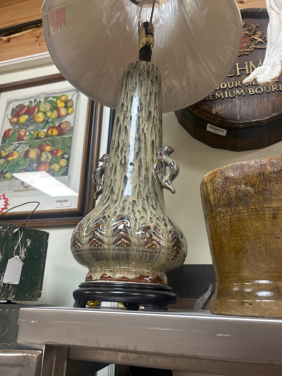 Vintage 1940s-1950s Art Deco sculptural baluster urn table lamp featuring a textured drip glaze