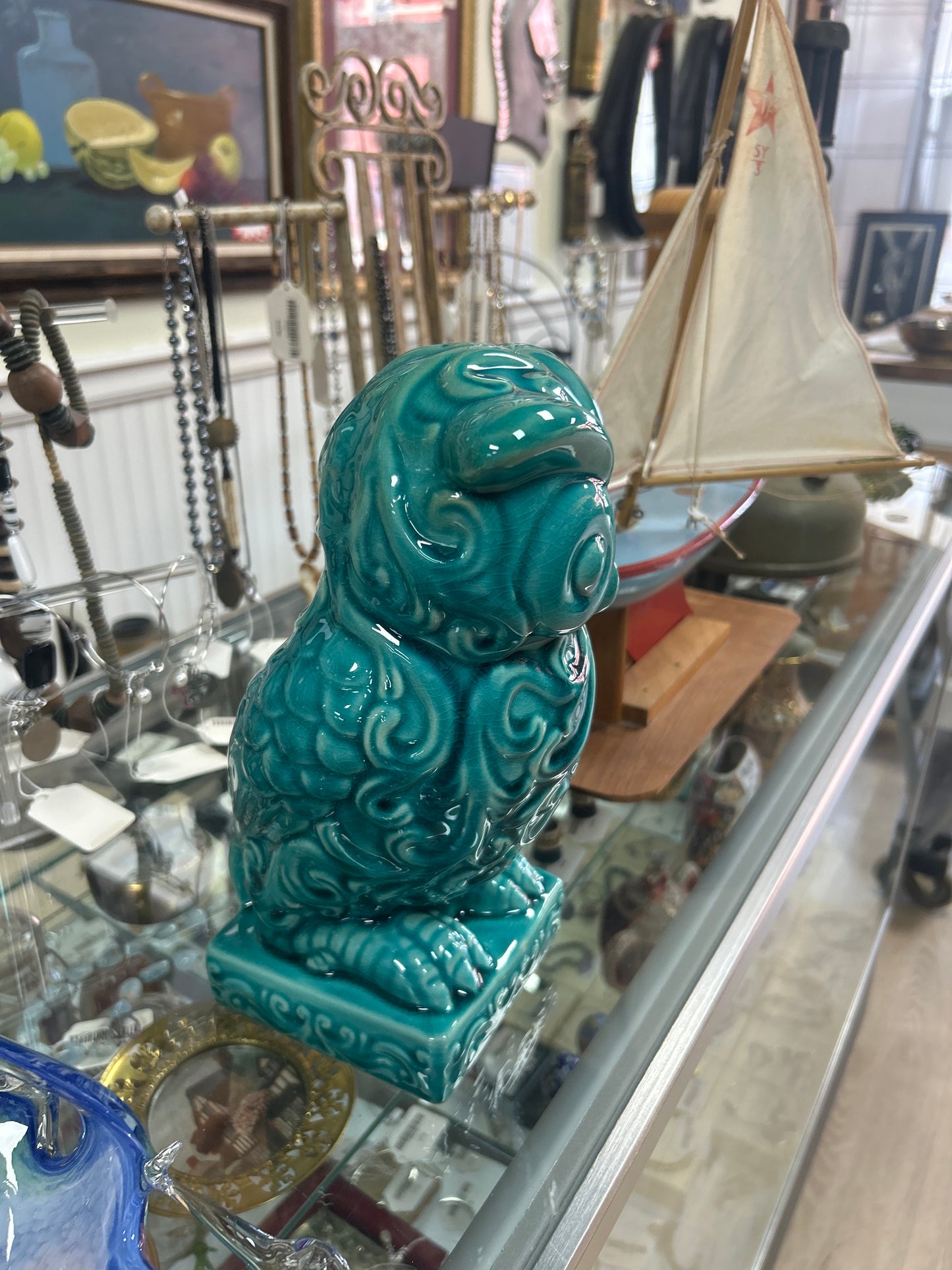 Vintage Ceramic Owl Turquoise Green Glaze Distressed Art Pottery Figurine 11"