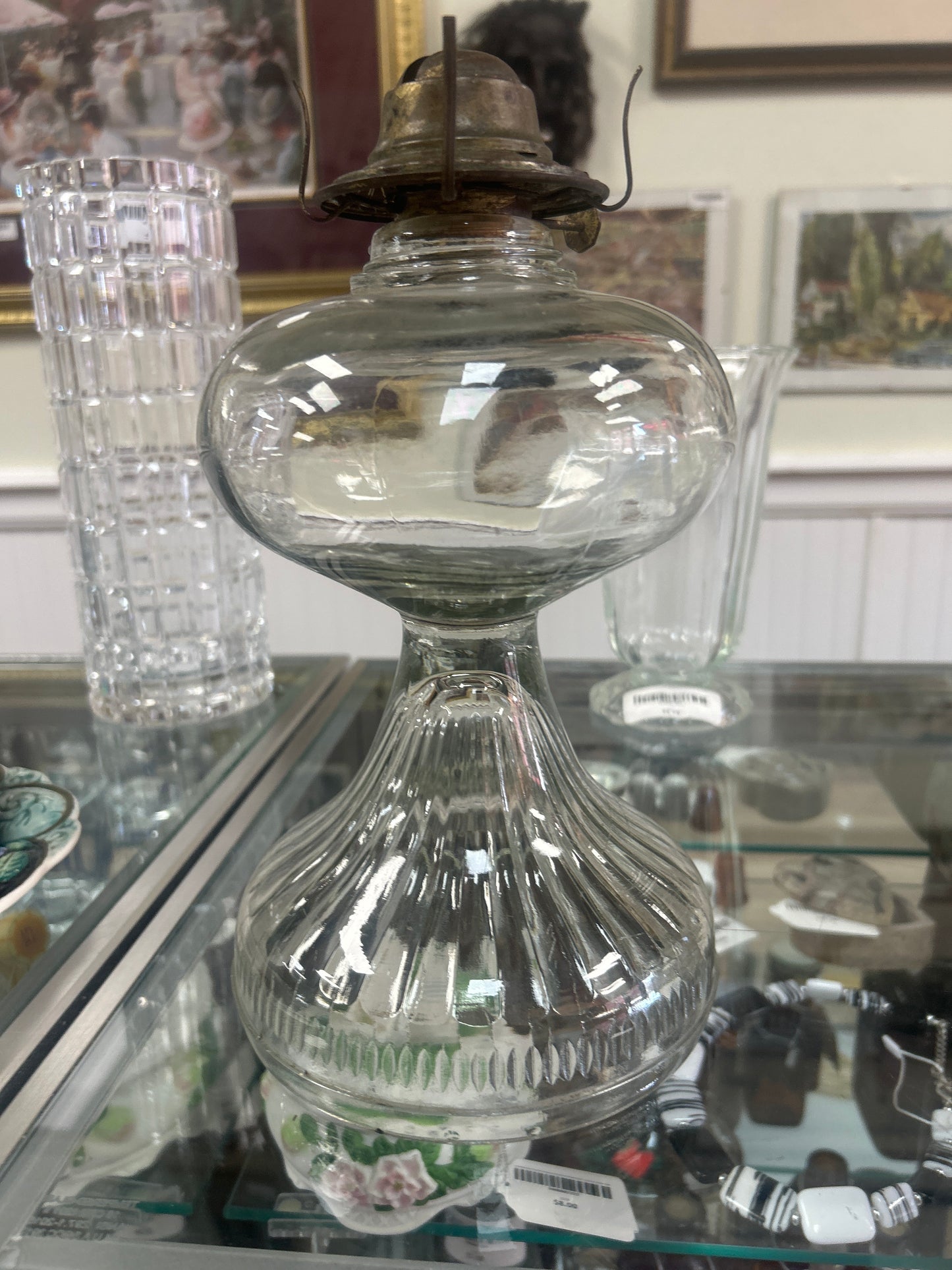 Antique Heavy Glass Oil Pedestal Lamp Eagle Burner With Ribbed Pedestal No Chim