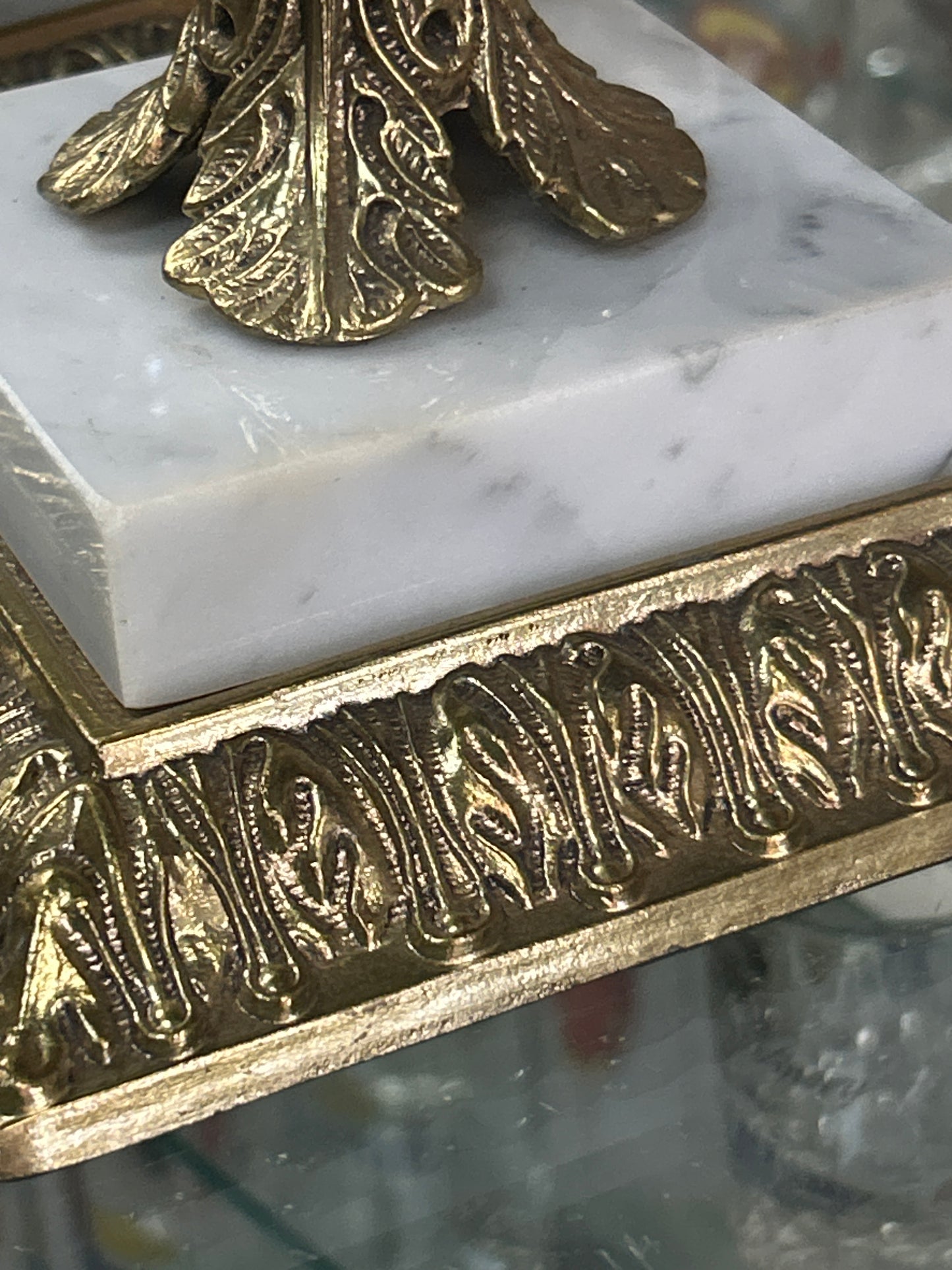 Pair of Vintage Hollywood Regency Style Ornate Gold cast Brass w/ Marble Base Candlestick Holders