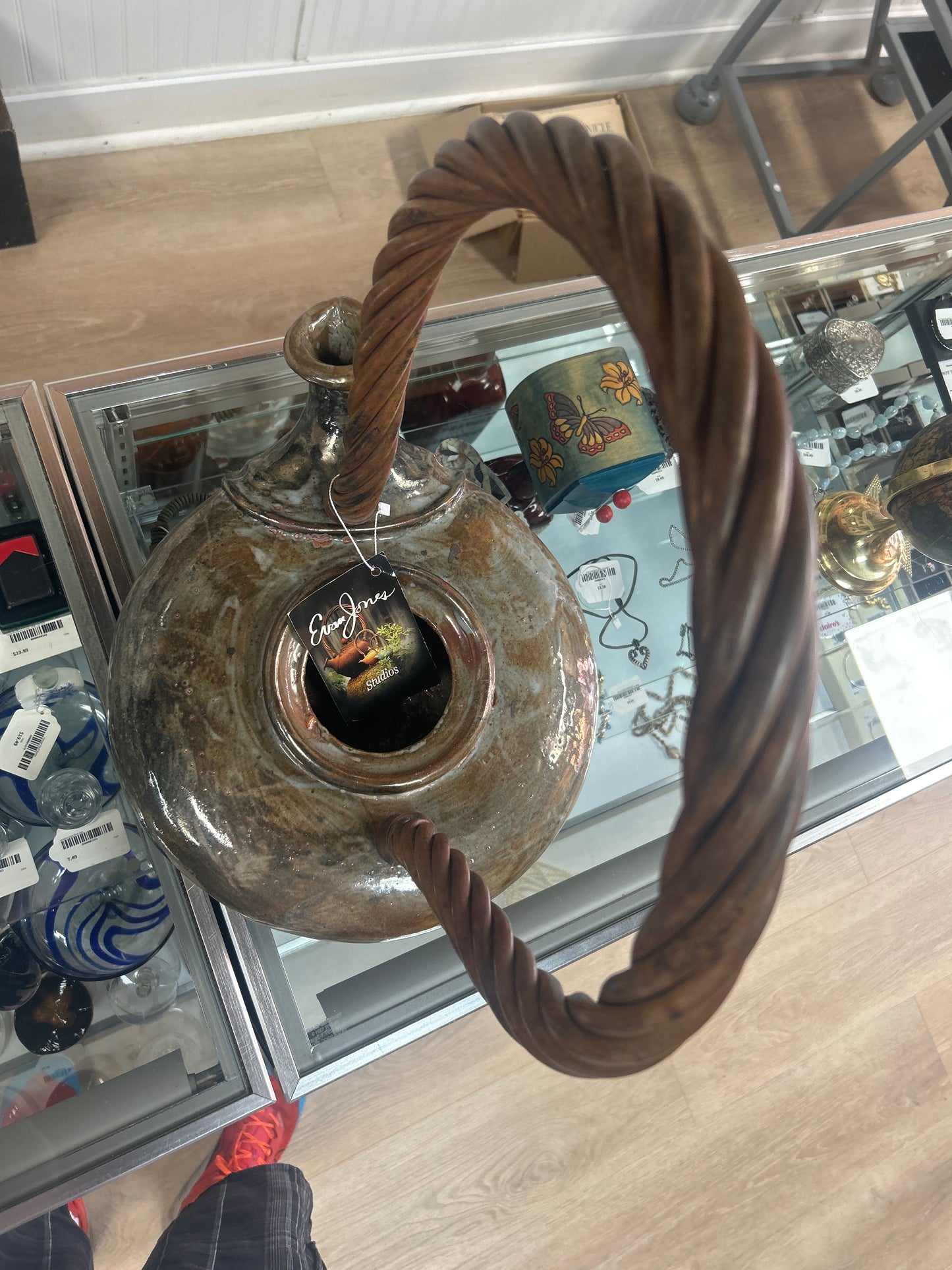 Evan Jones Studios Pottery (this is a show stopper). 20” to top of handle and from spout across 16”. This maybe too nice for our store…it’s heavy and beautifully. Nice piece ever to come through our store.