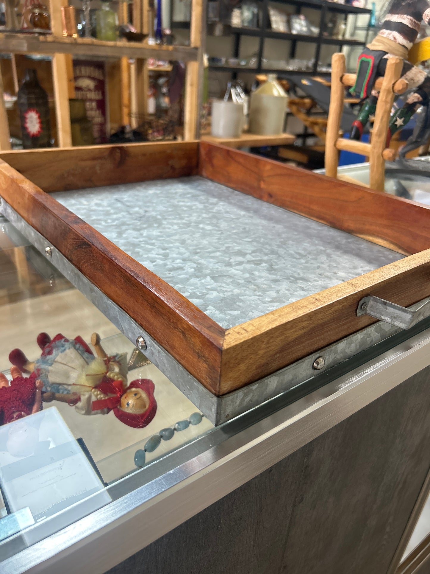 Wood and metal tray 15 1/2 x 22 1/4