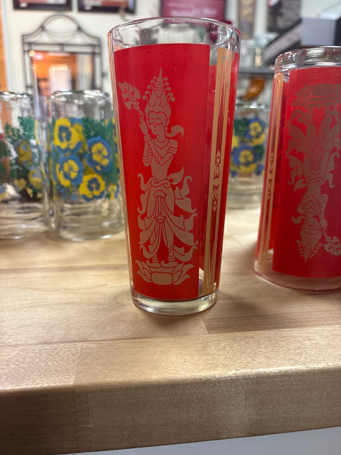 Culver Glass Mid-Century Red and Gold Thai Goddess Highball Glasses set of 6