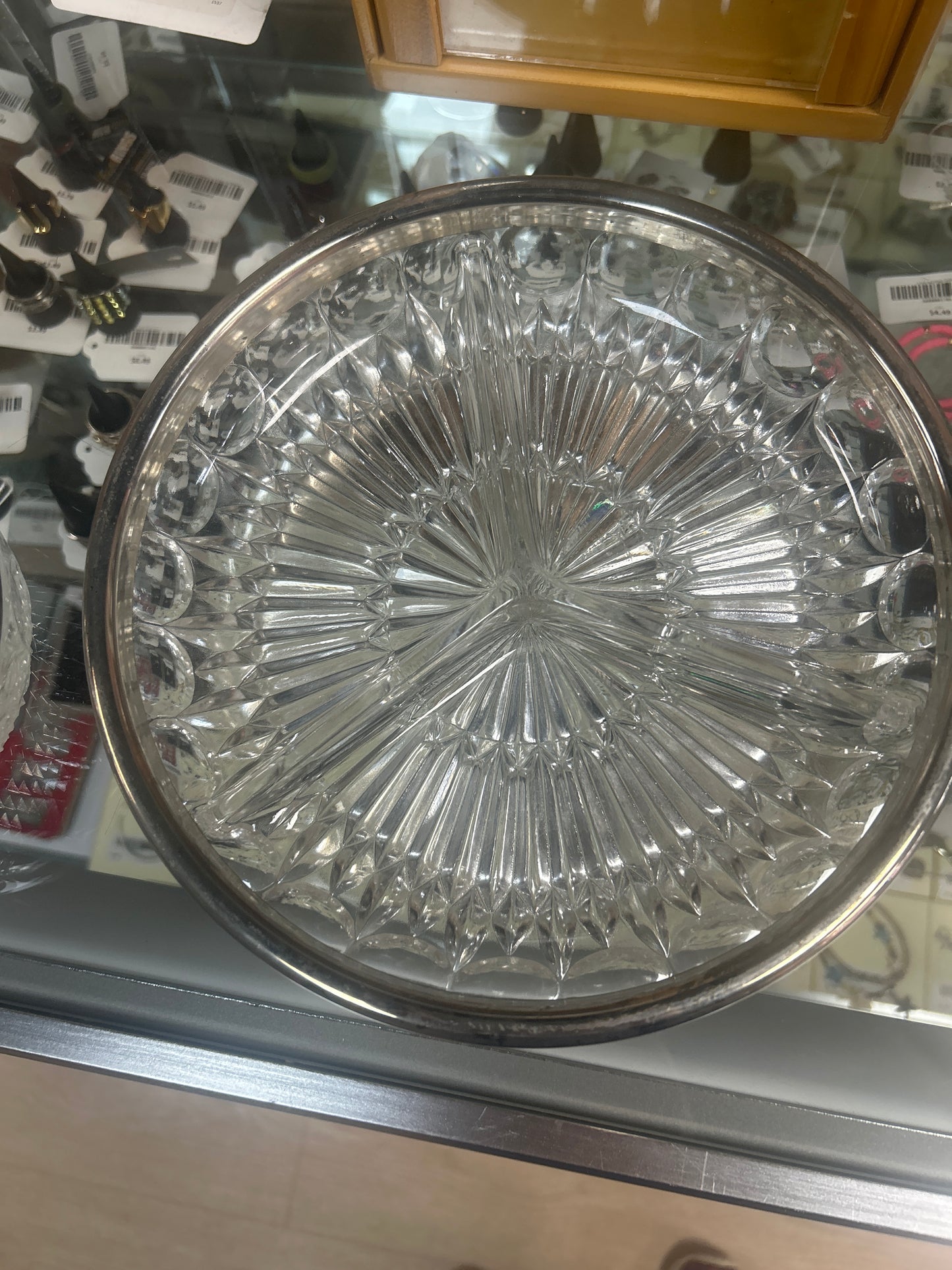 Leonard Silverplate Rimmed Crystal Relish 3 Part Dish 9" x 1 7/8"