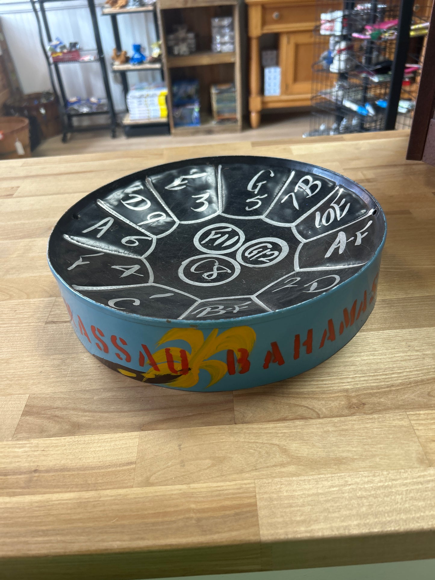 Vintage Steel Drum Pan Drum Hand Made Hand Painted Folk Art Nassau Bahamas Rare Find (11 1/2”) No sticks. May need to be hung to be played. Great Wall Art!