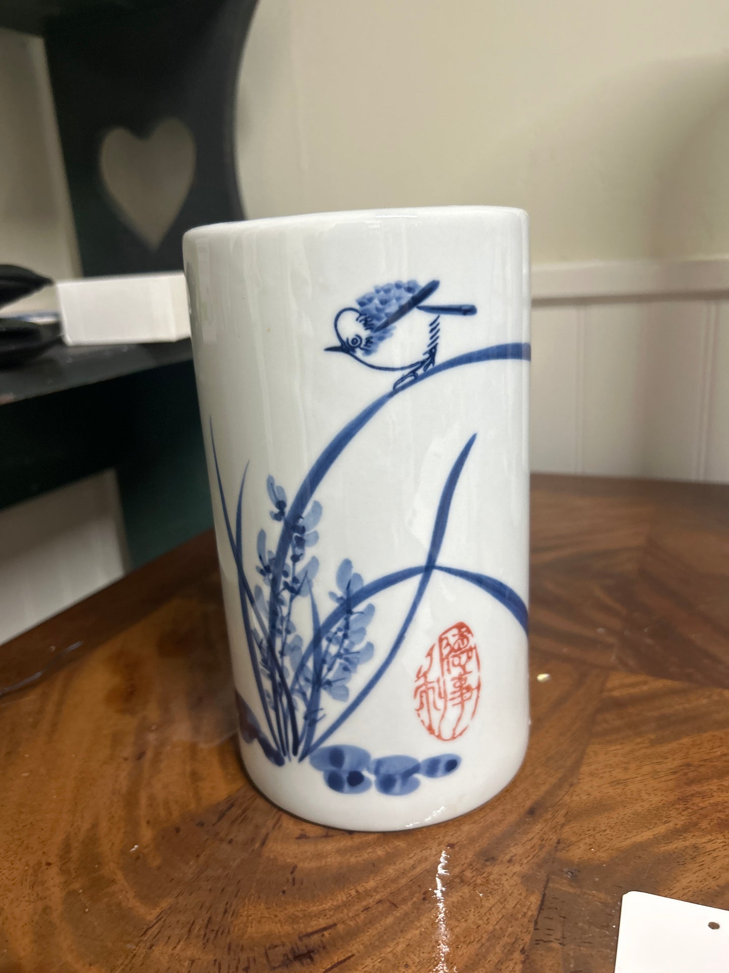 Blue and white porcelain cylindrical vase 8”