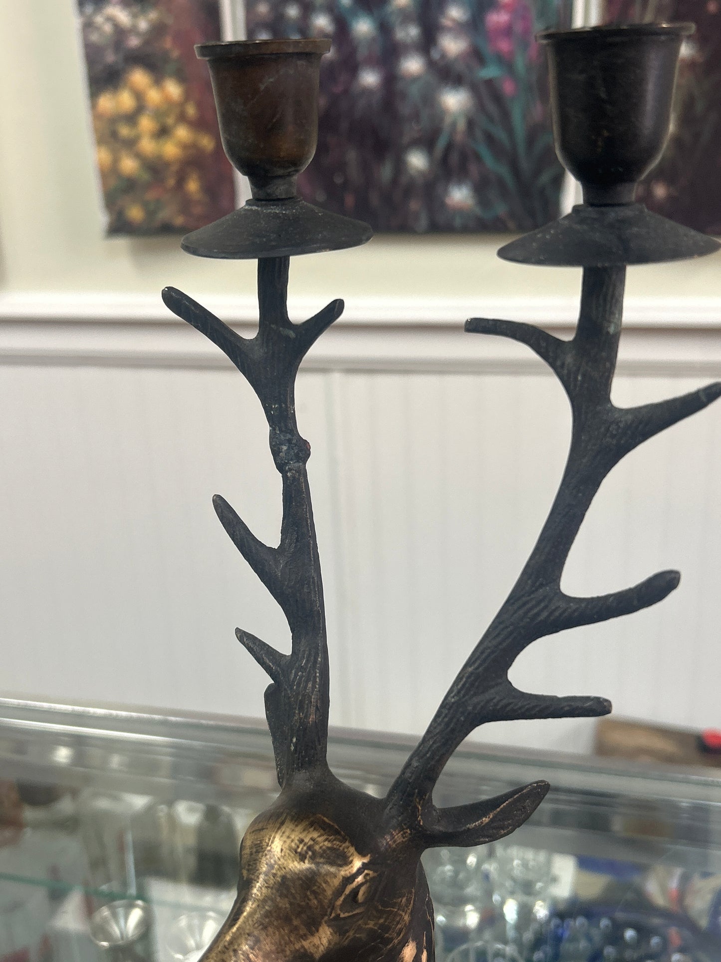 BRONZE PATINATED BRASS STAG CANDELABRA (repaired antler)