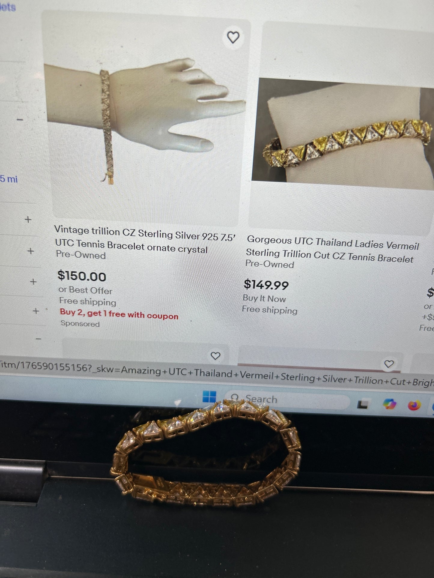 Amazing UTC Thailand Vermeil Sterling Silver Trillion Cut Bright Yellow & White CZ Tennis Bracelet.